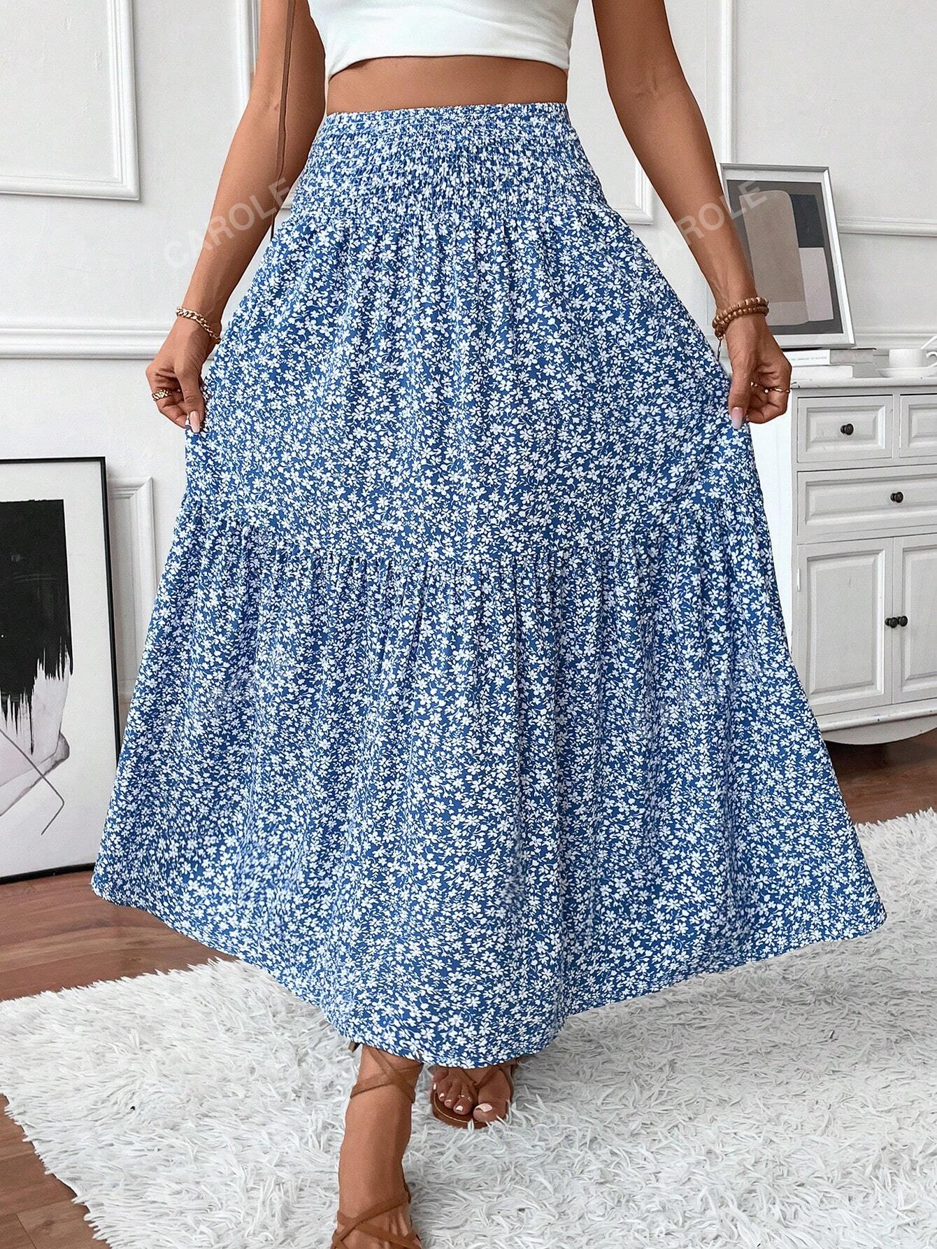 Women's Maxi Skirt Tiny Floral Casual Elastic Waist With Pockets Ruffled Hem Ladies Summer A-Line Long Skirts Blue