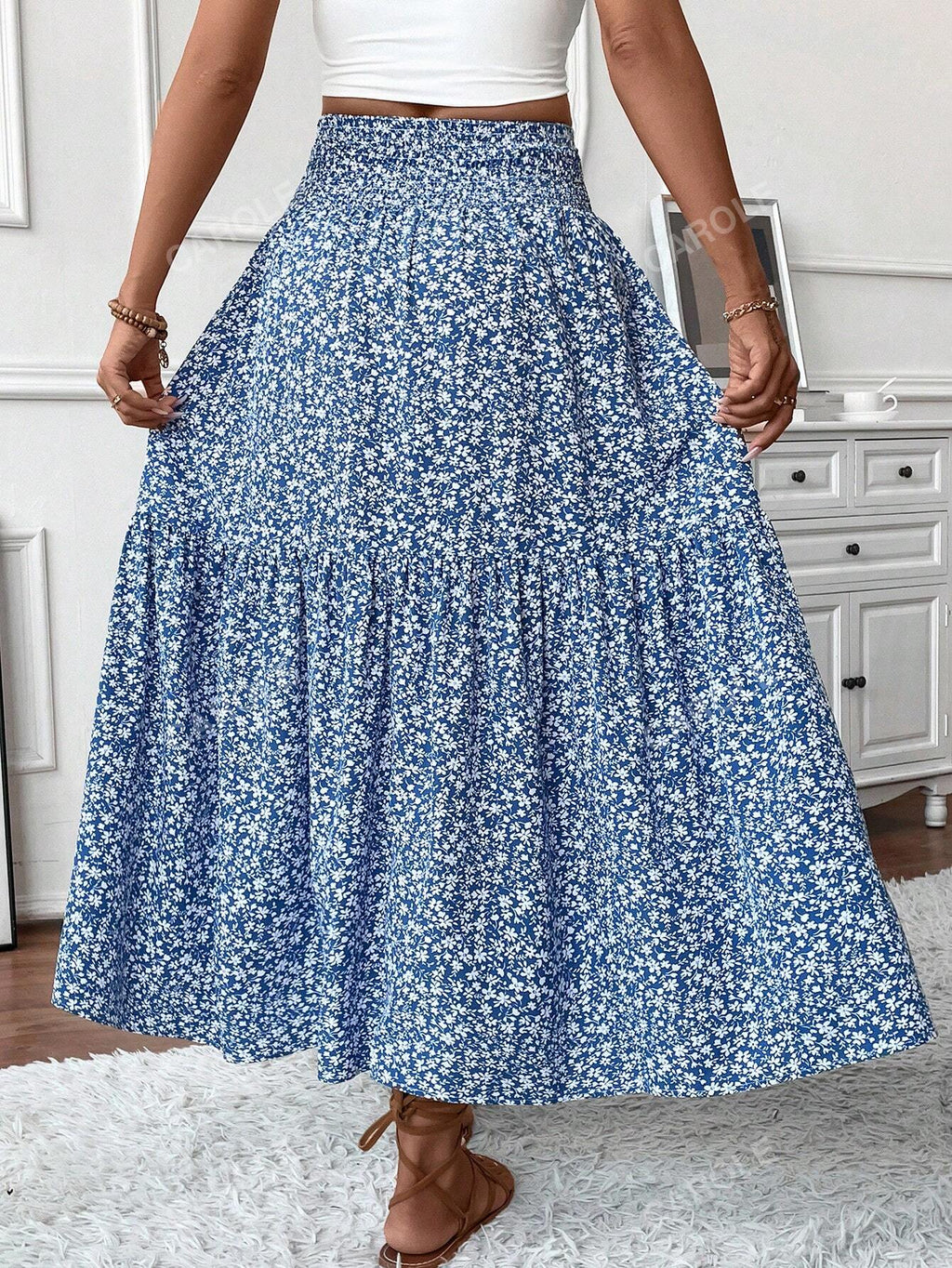 Women's Maxi Skirt Tiny Floral Casual Elastic Waist With Pockets Ruffled Hem Ladies Summer A-Line Long Skirts Blue