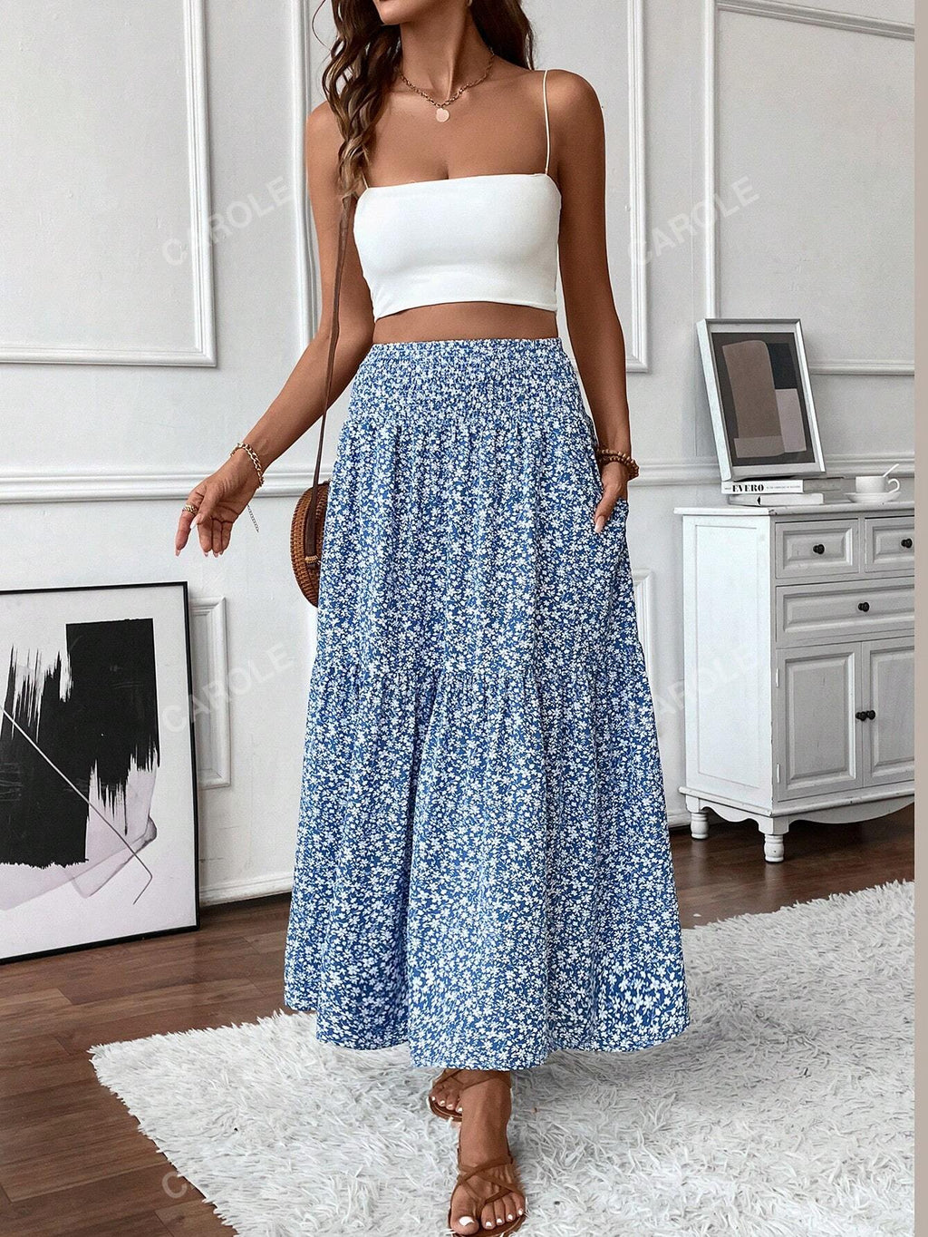 Women's Maxi Skirt Tiny Floral Casual Elastic Waist With Pockets Ruffled Hem Ladies Summer A-Line Long Skirts Blue