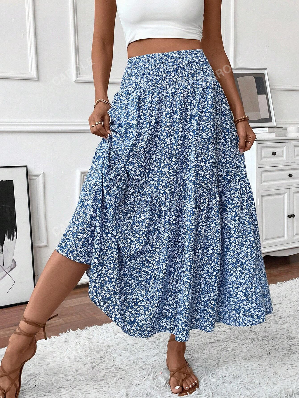 Women's Maxi Skirt Tiny Floral Casual Elastic Waist With Pockets Ruffled Hem Ladies Summer A-Line Long Skirts Blue