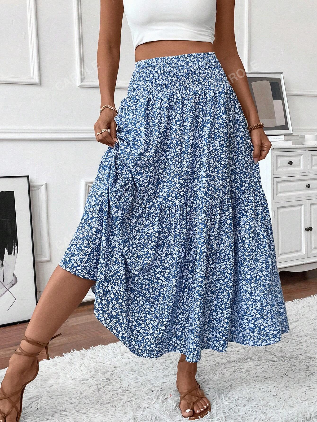 Women's Maxi Skirt Tiny Floral Casual Elastic Waist With Pockets Ruffled Hem Ladies Summer A-Line Long Skirts Blue