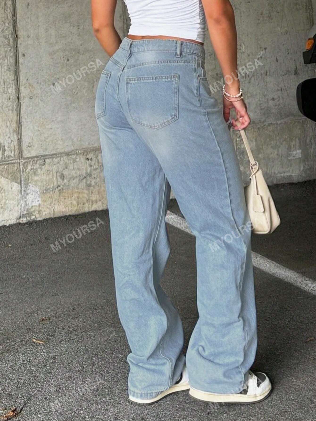 MYOURSA Women Casual Washed Straight Leg Jeans With Pockets Light Wash