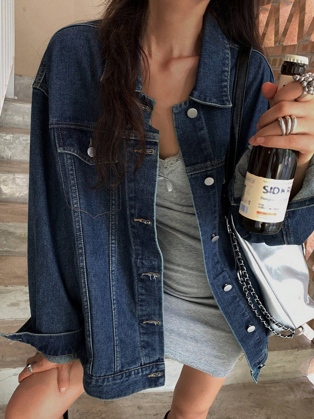 DAZY Women's Drop Shoulder Long Sleeve Pocket Loose Casual Denim Jacket, Spring Autumn Dark Wash