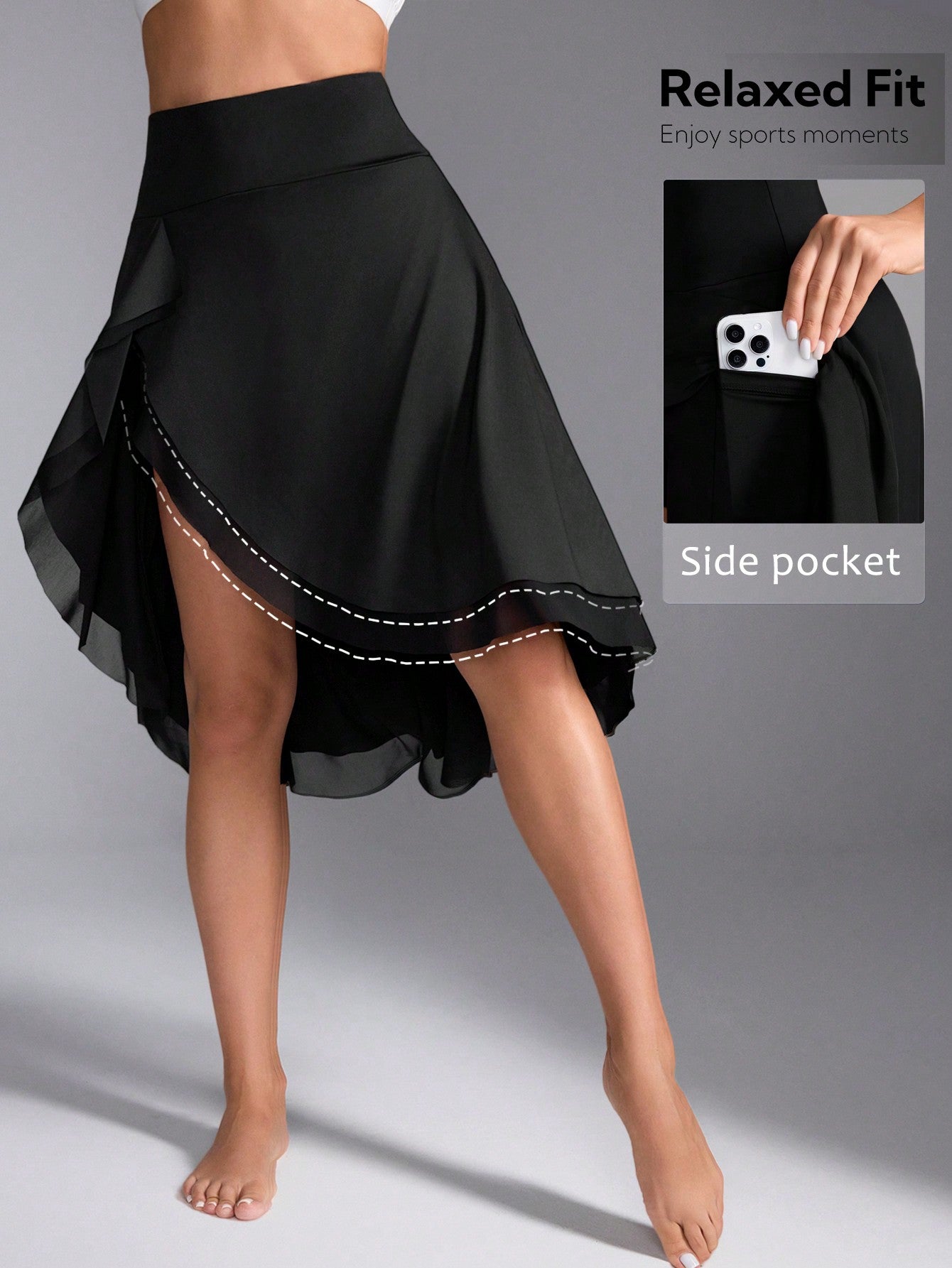 SHEIN Sport Studio Women's Elegant Activewear Skirt With Side Slit, Anti-Flashing, Sexy, Suitable For Running, Workout, Daily Wear, Double Layer, With Pockets Black