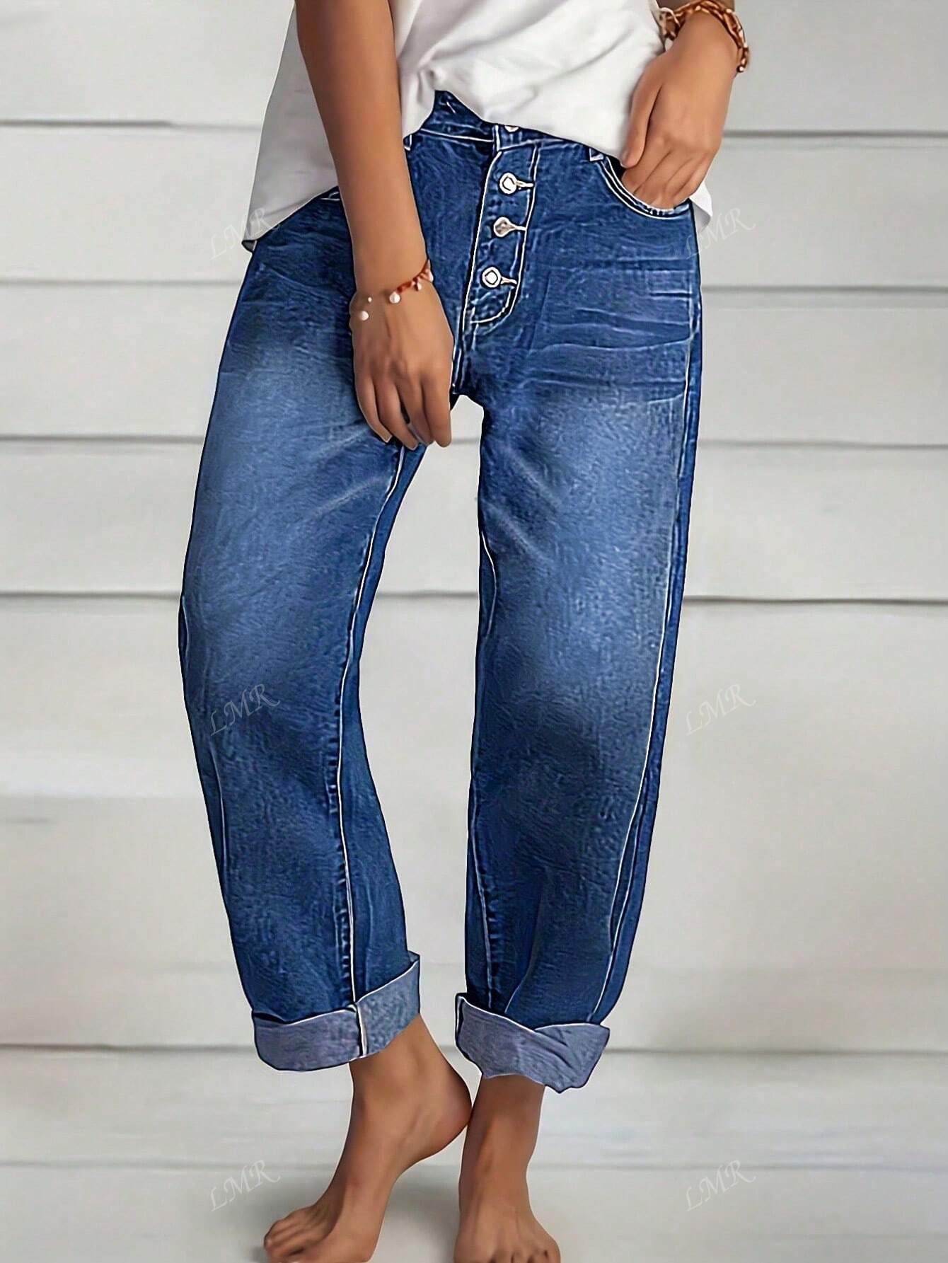 Women's Casual Distressed Single-Breasted Denim Jeans Dark Wash