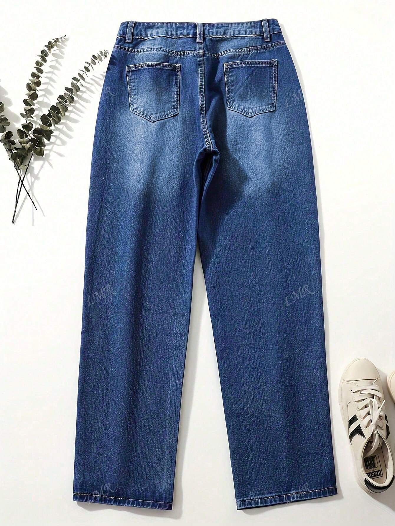 Women's Casual Distressed Single-Breasted Denim Jeans Dark Wash