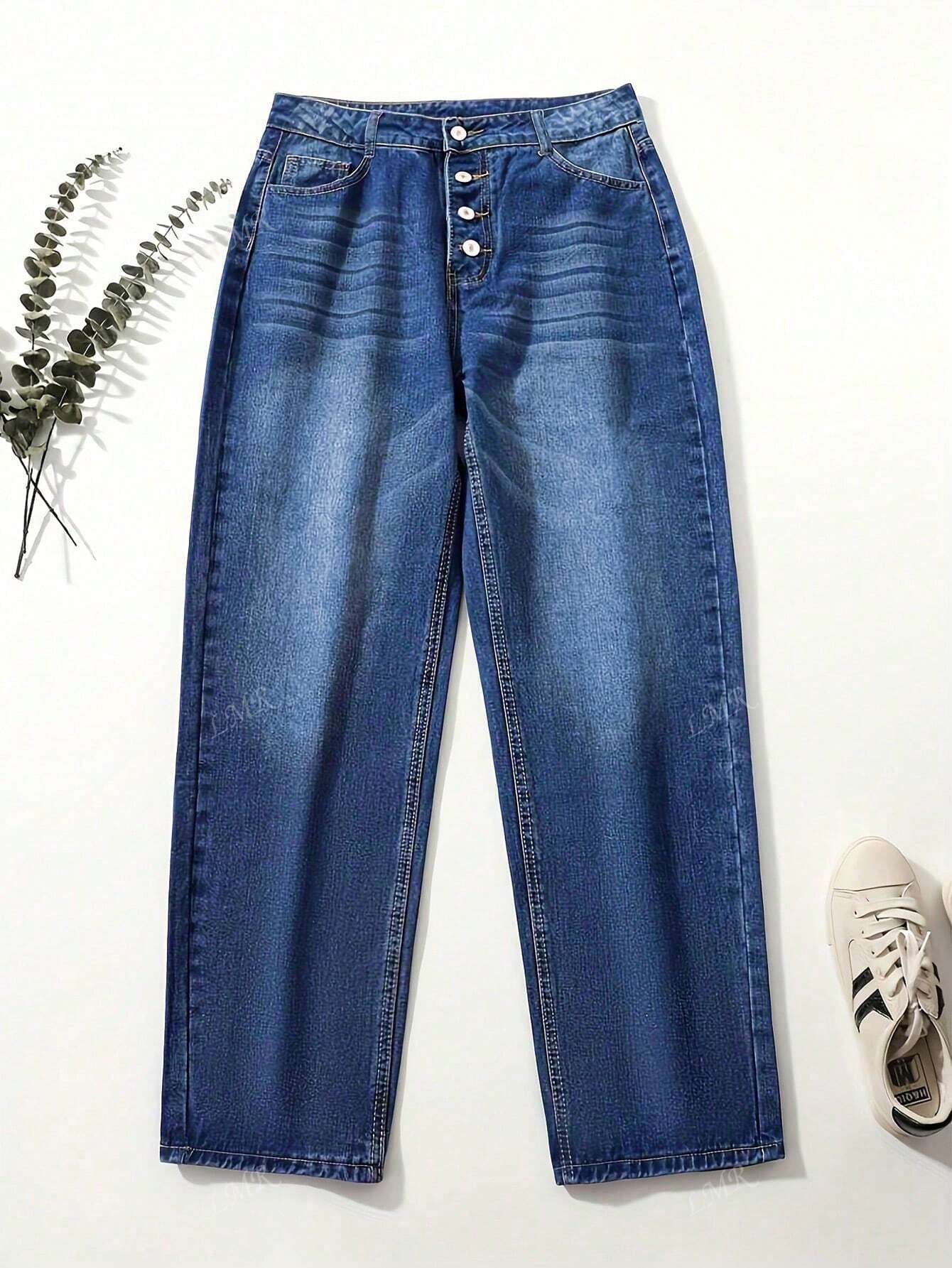 Women's Casual Distressed Single-Breasted Denim Jeans Dark Wash