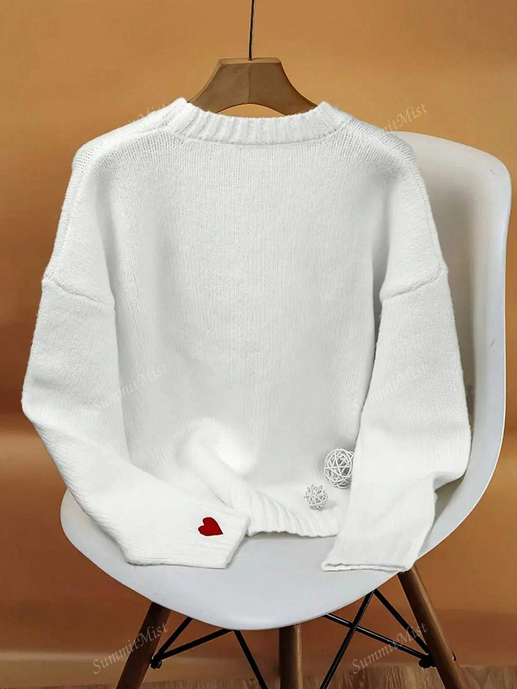Heart-Shaped Pattern Drop Shoulder Sweater, Versatile Crew Neck Long Sleeve Pullover Sweater, Suitable For Winter And Autumn, Women Valentine's Day White