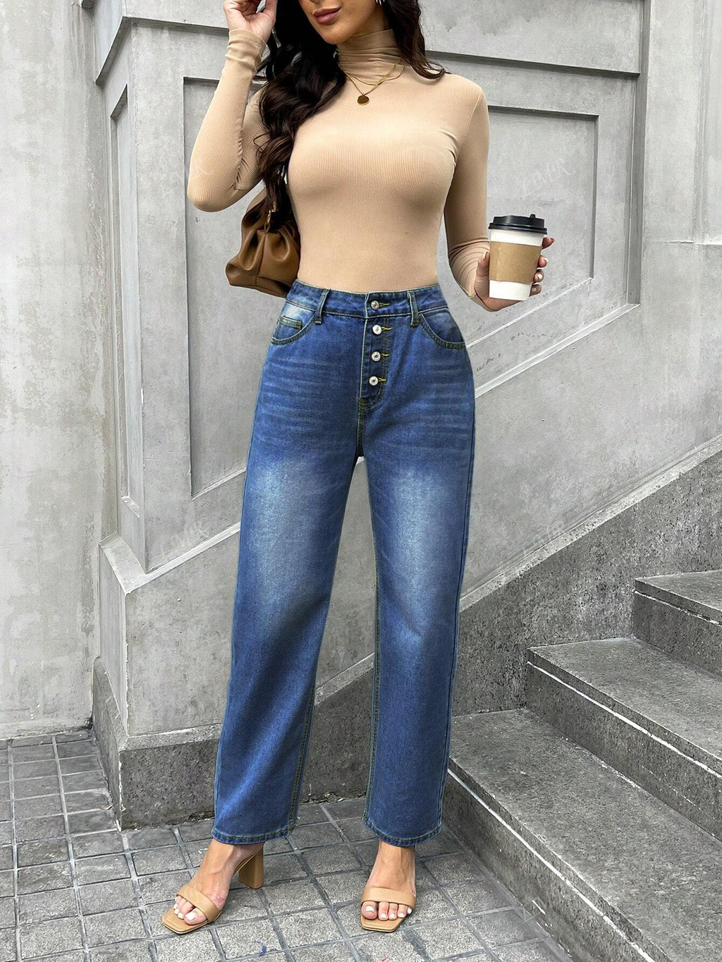 Women's Casual Distressed Single-Breasted Denim Jeans Dark Wash