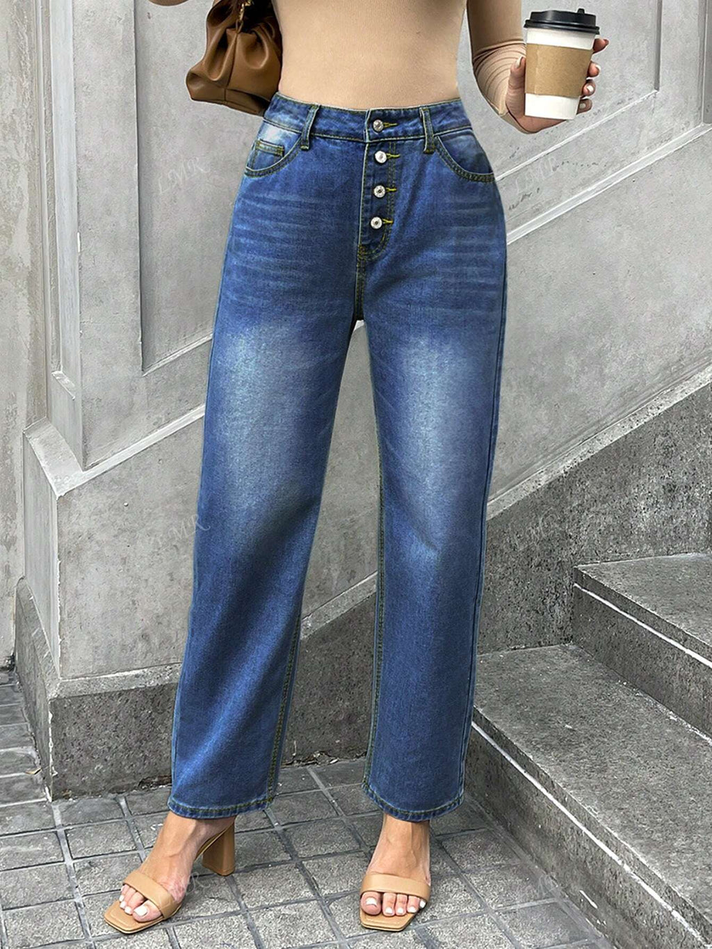 Women's Casual Distressed Single-Breasted Denim Jeans Dark Wash
