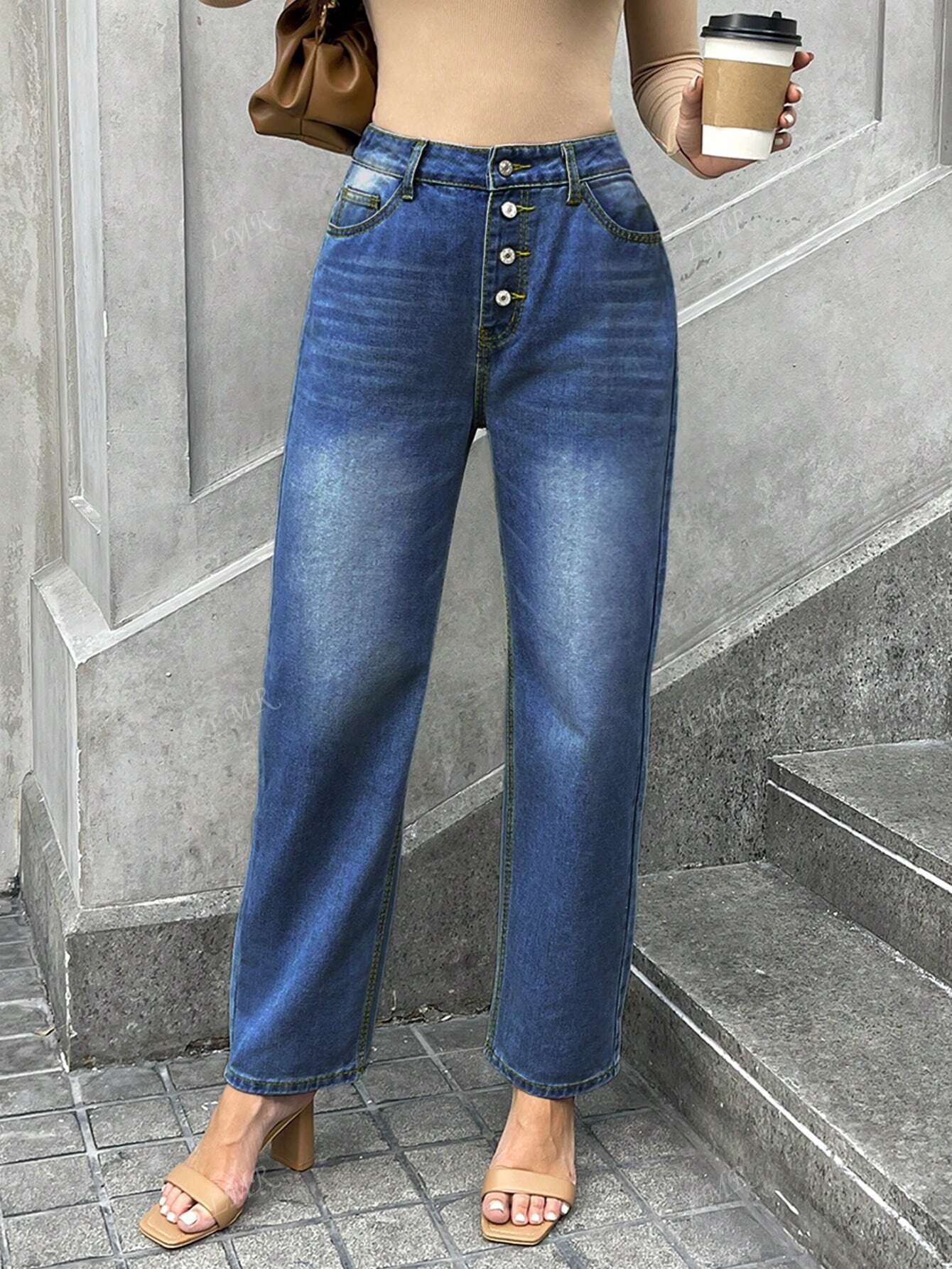 Women's Casual Distressed Single-Breasted Denim Jeans Dark Wash