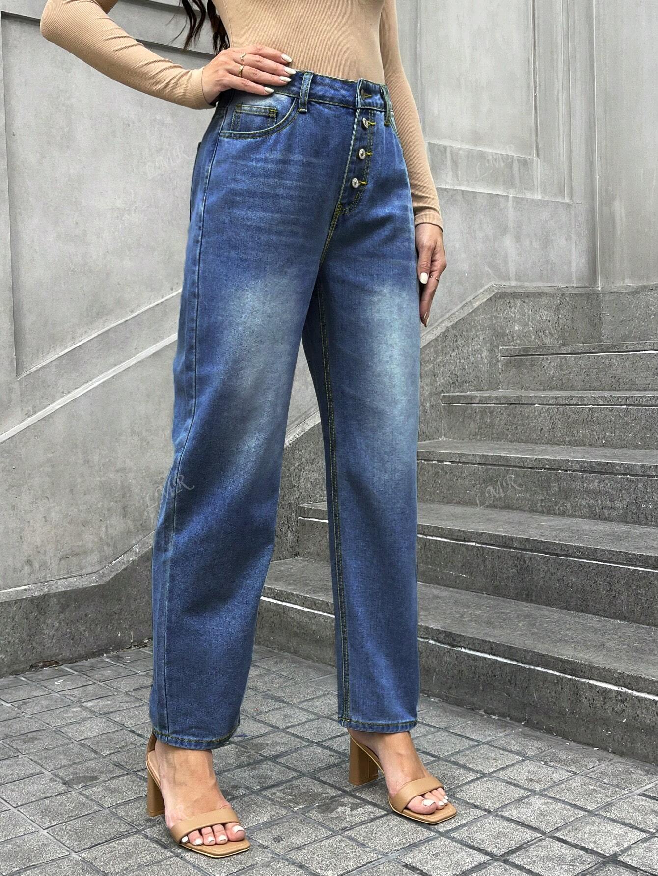 Women's Casual Distressed Single-Breasted Denim Jeans Dark Wash