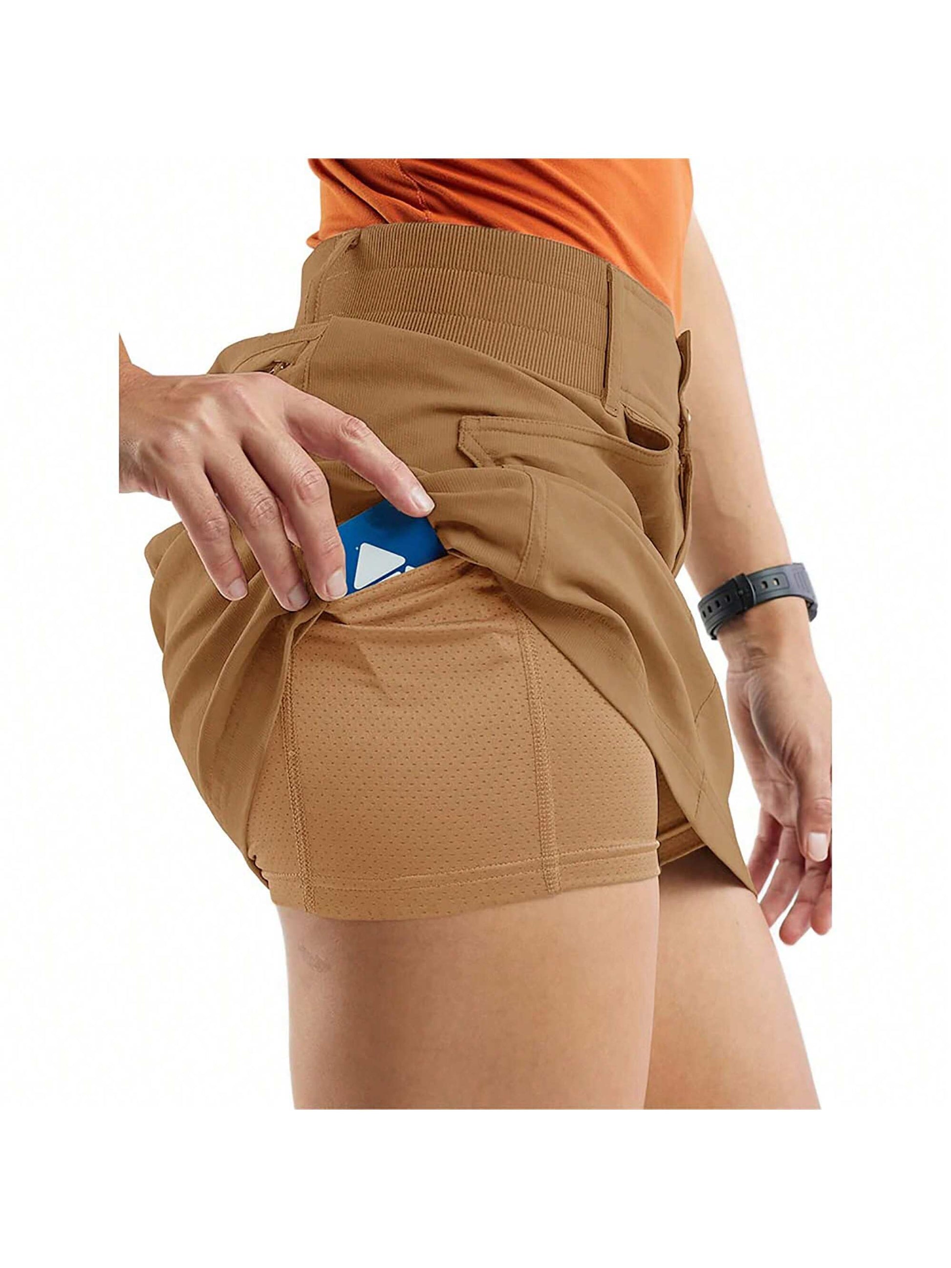 Liian Women's Casual Mid Rise Golf Hiking Skorts Athletic Running Relaxed Fit Tennis Skirts With Shorts Pockets Khaki