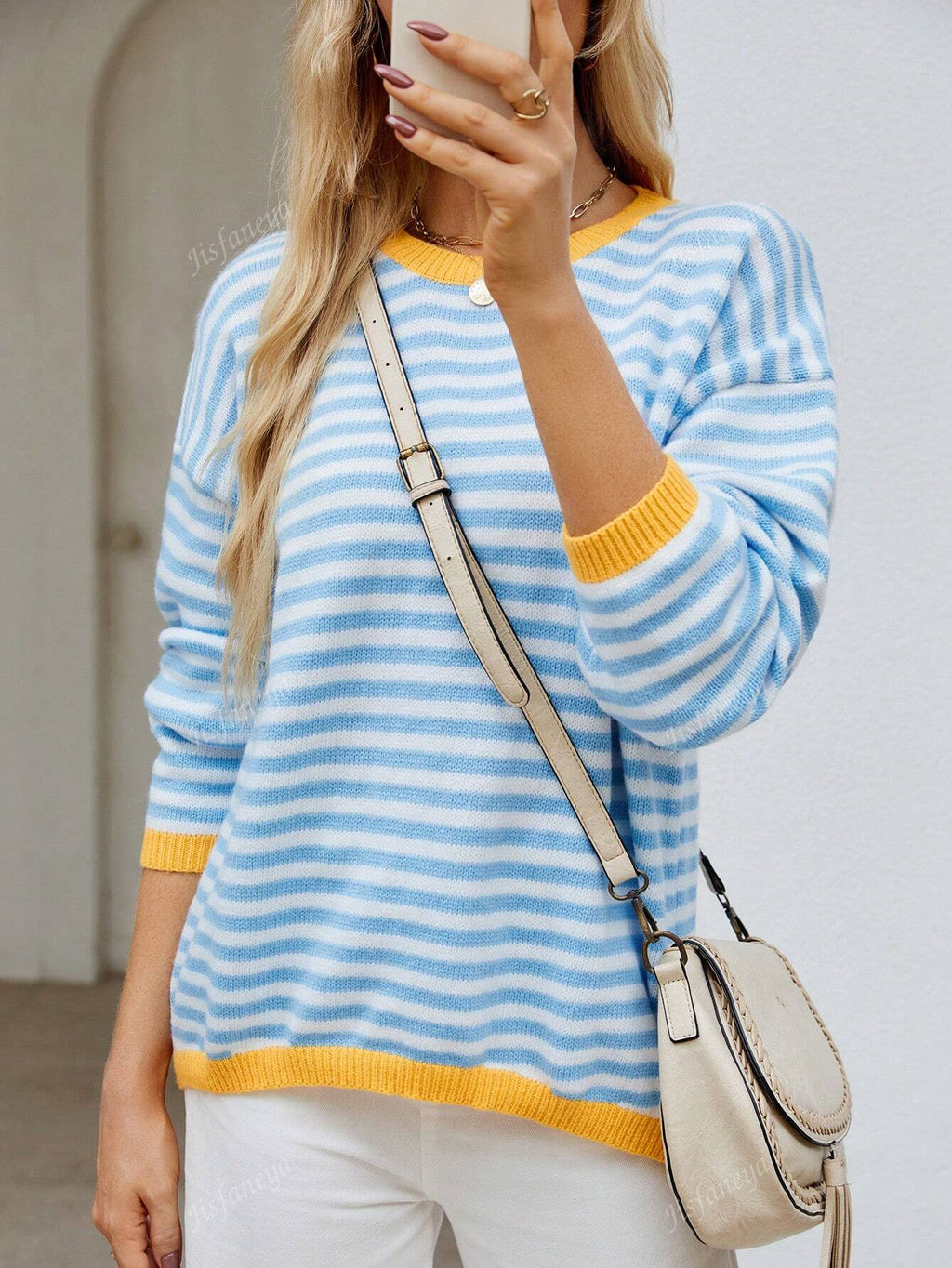 Women's Striped Casual Knit Sweater, Fall/Winter Blue