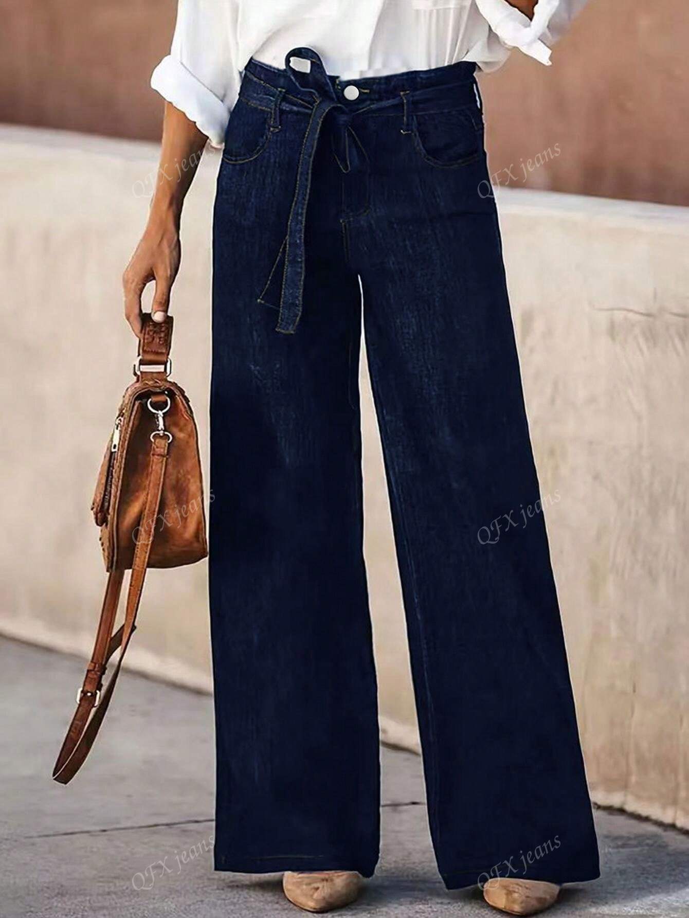 New Women's Simple Belt Jeans Stretch Straight Trousers Navy Blue
