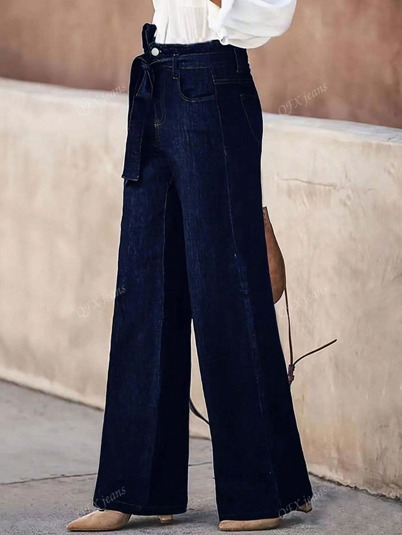 New Women's Simple Belt Jeans Stretch Straight Trousers Navy Blue
