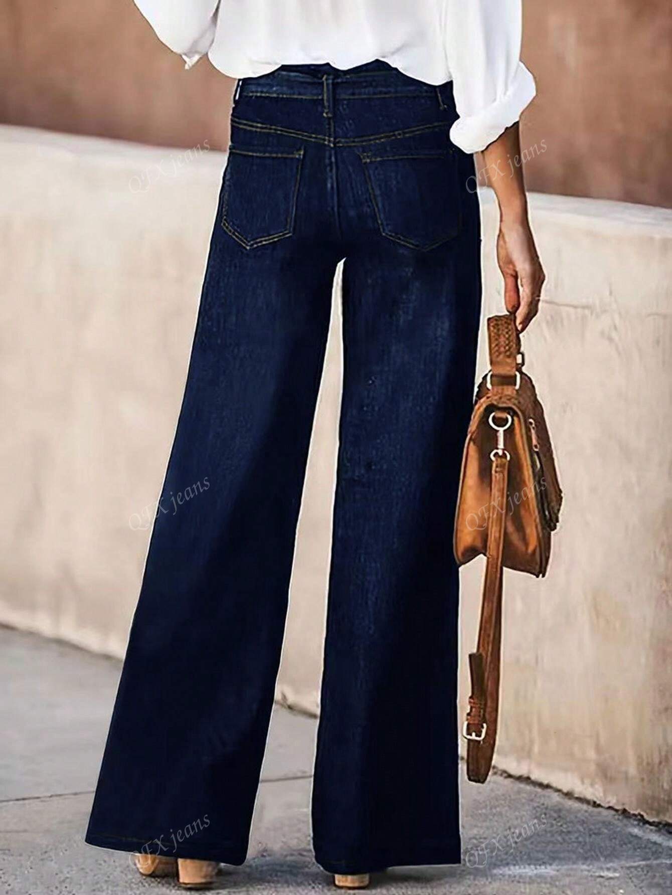 New Women's Simple Belt Jeans Stretch Straight Trousers Navy Blue