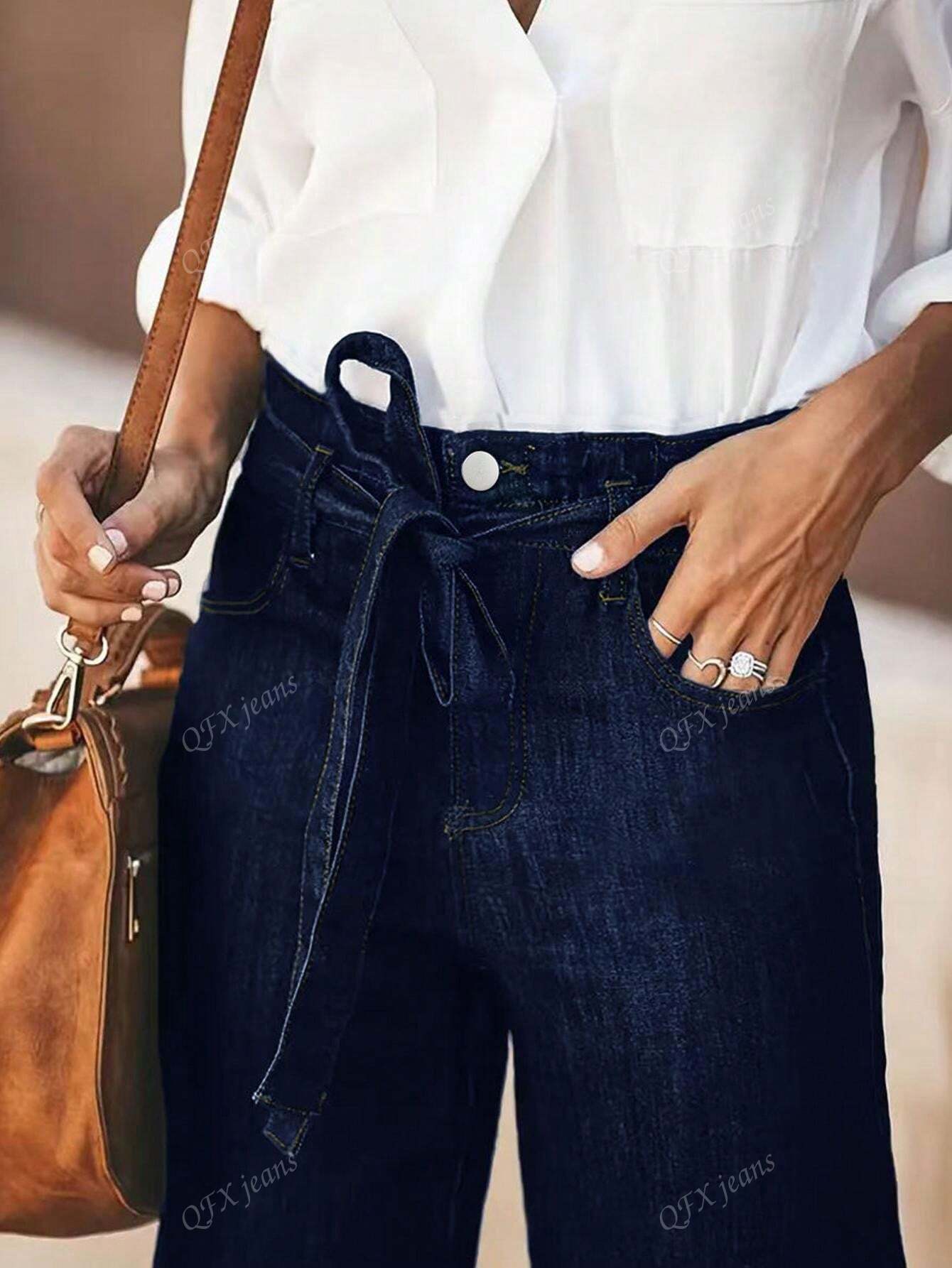 New Women's Simple Belt Jeans Stretch Straight Trousers Navy Blue