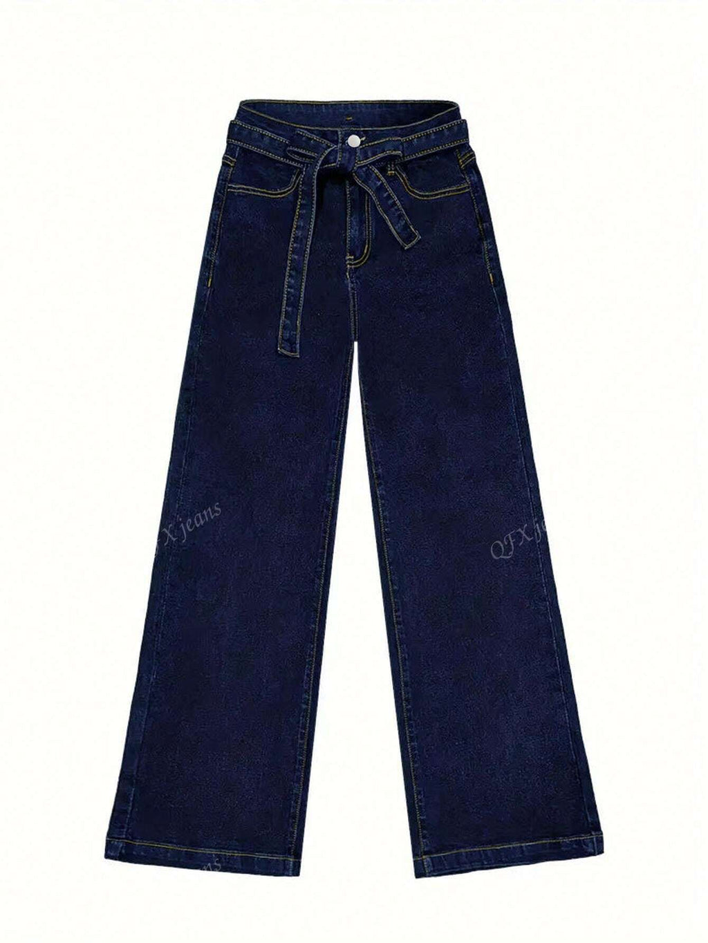 New Women's Simple Belt Jeans Stretch Straight Trousers Navy Blue
