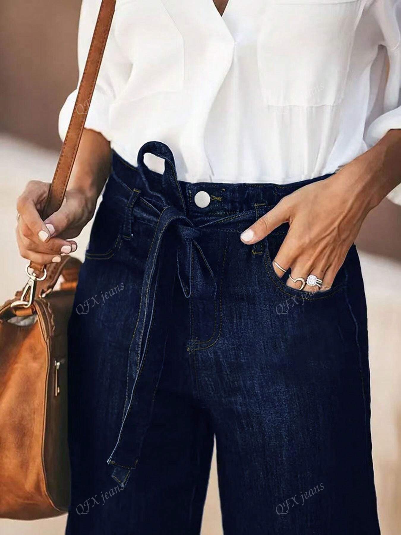 New Women's Simple Belt Jeans Stretch Straight Trousers Navy Blue