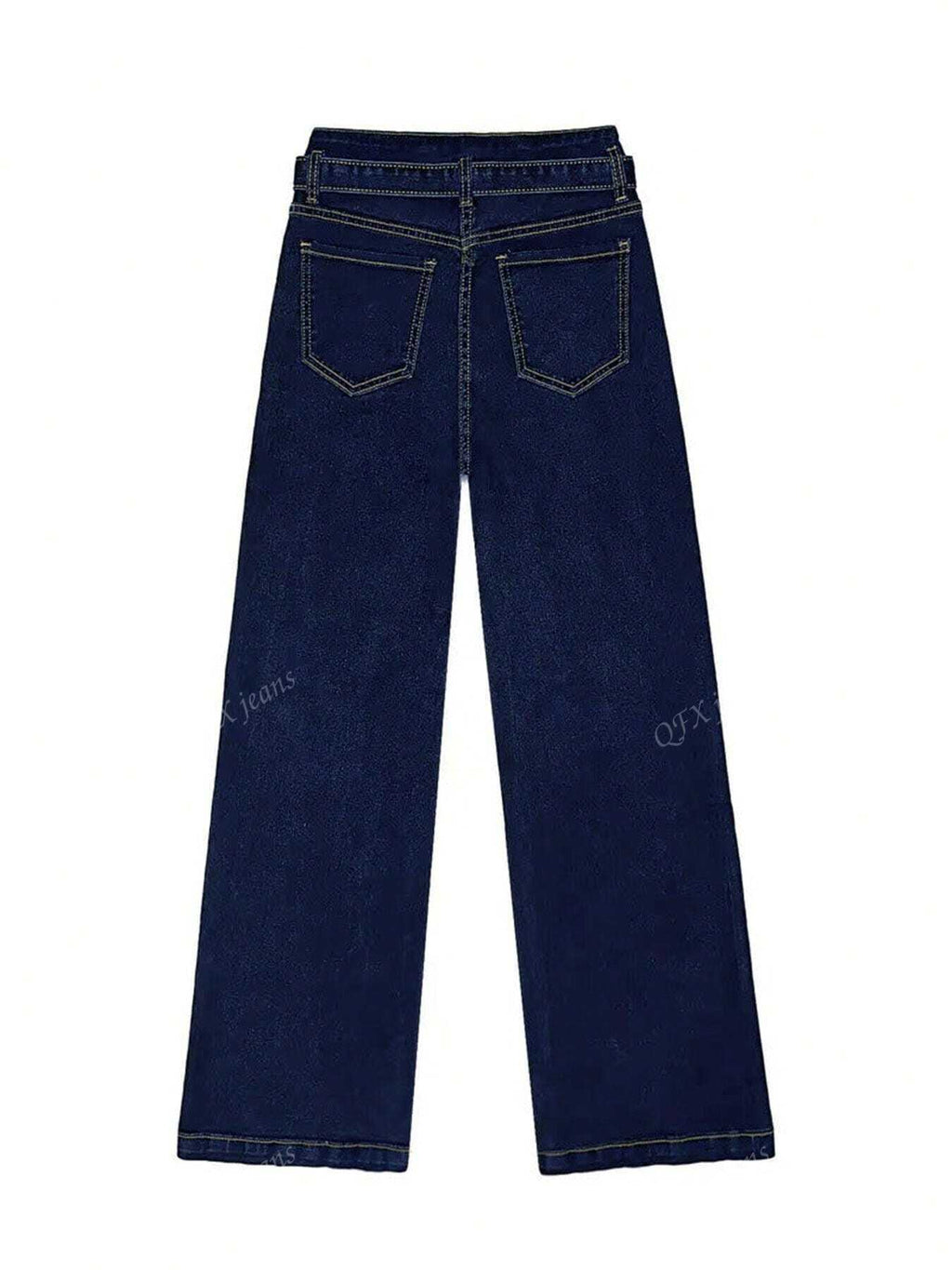 New Women's Simple Belt Jeans Stretch Straight Trousers Navy Blue