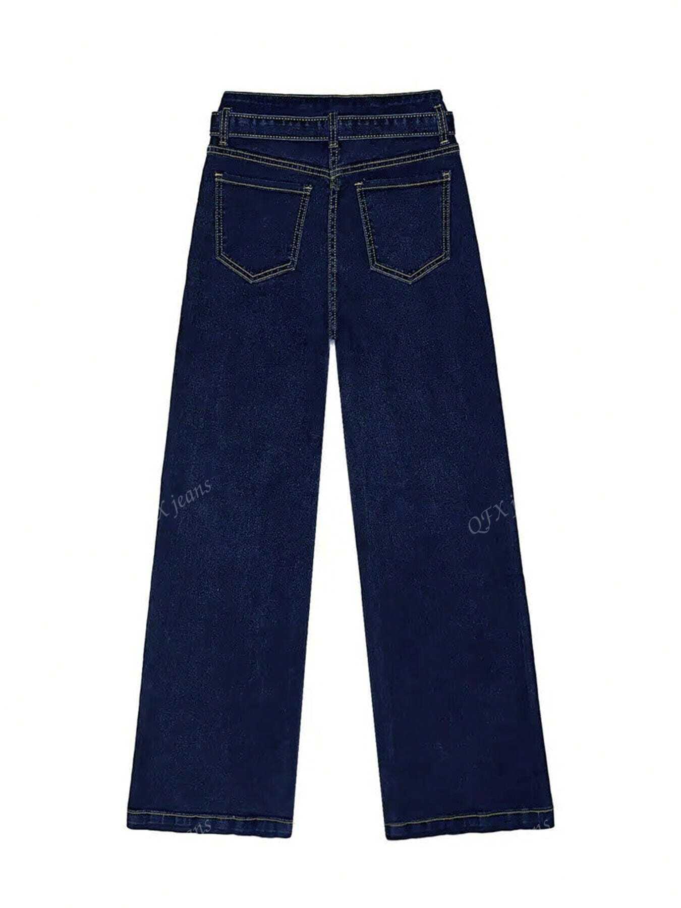 New Women's Simple Belt Jeans Stretch Straight Trousers Navy Blue