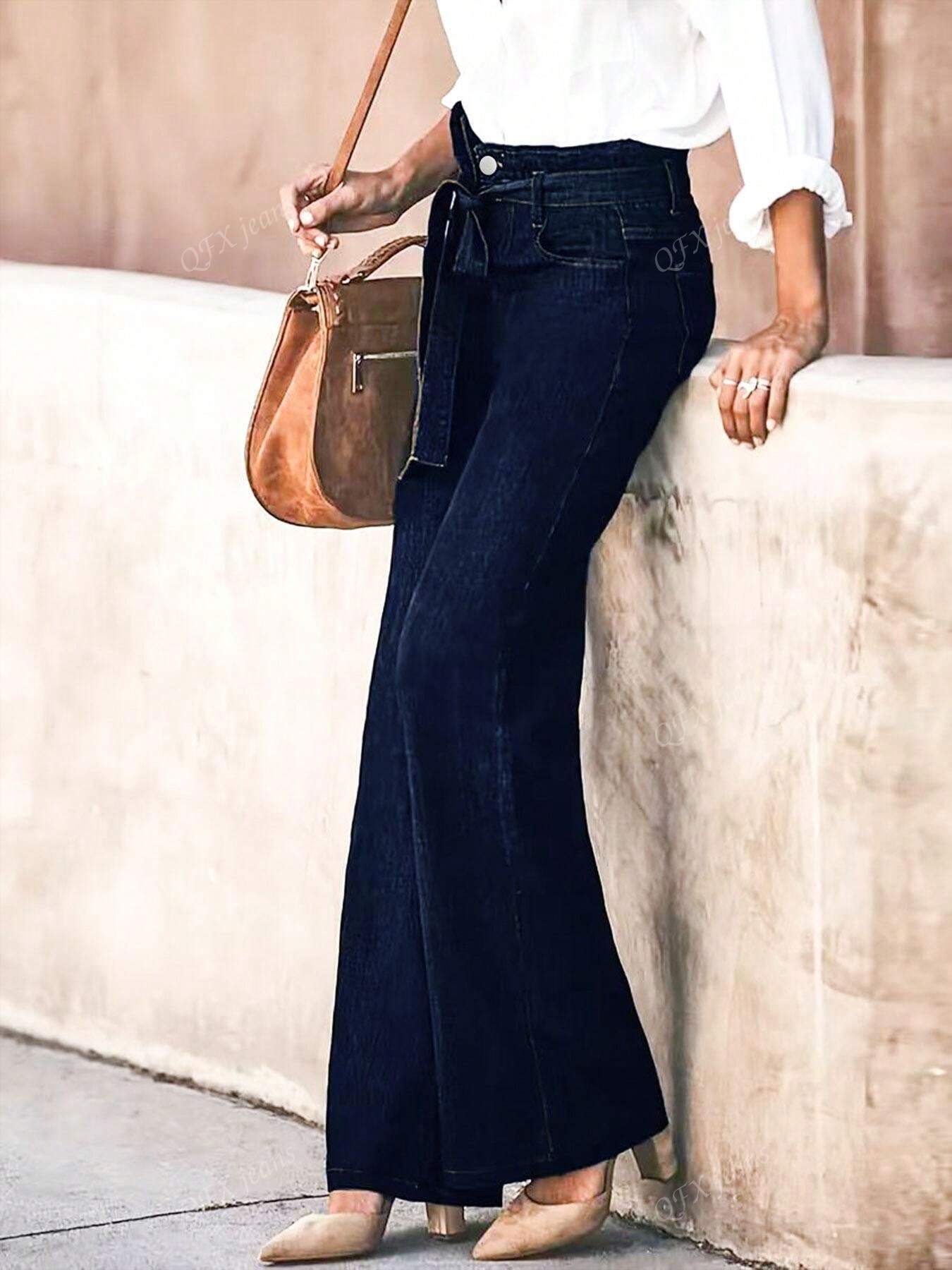 New Women's Simple Belt Jeans Stretch Straight Trousers Navy Blue
