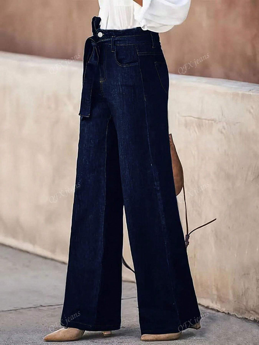 New Women's Simple Belt Jeans Stretch Straight Trousers Navy Blue