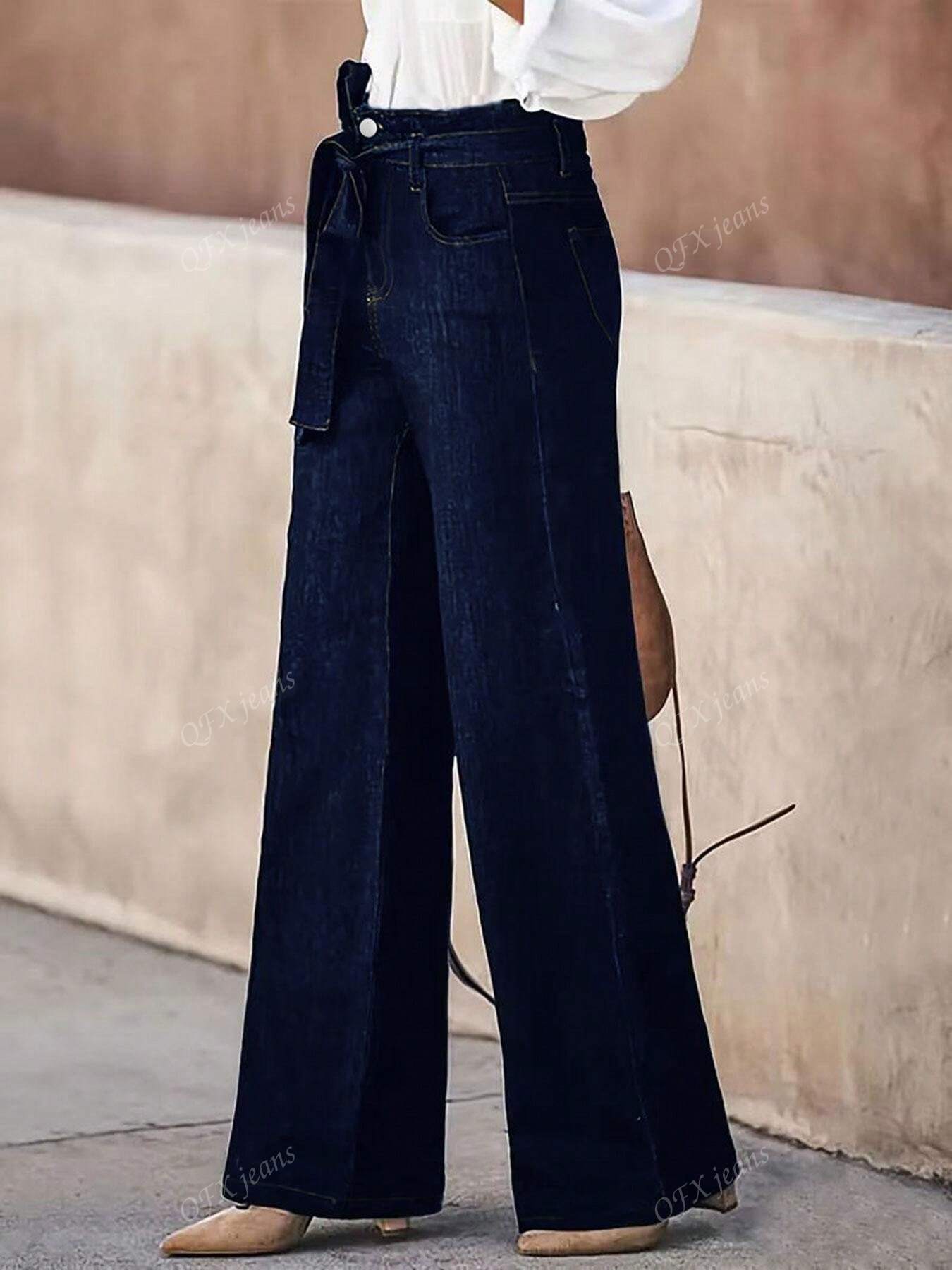 New Women's Simple Belt Jeans Stretch Straight Trousers Navy Blue