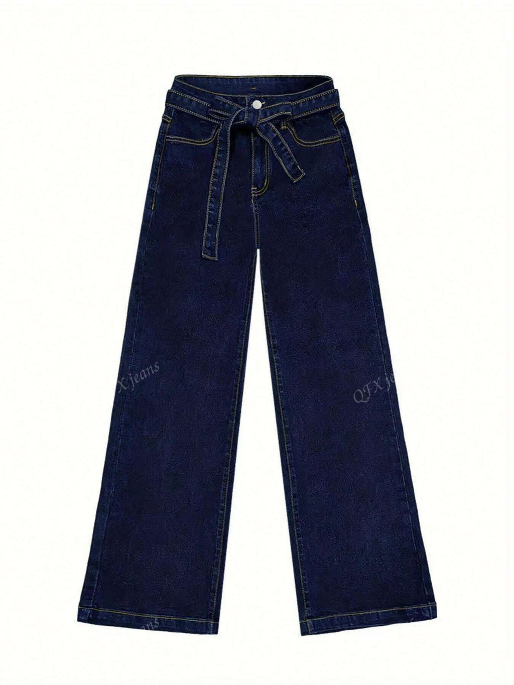 New Women's Simple Belt Jeans Stretch Straight Trousers Navy Blue