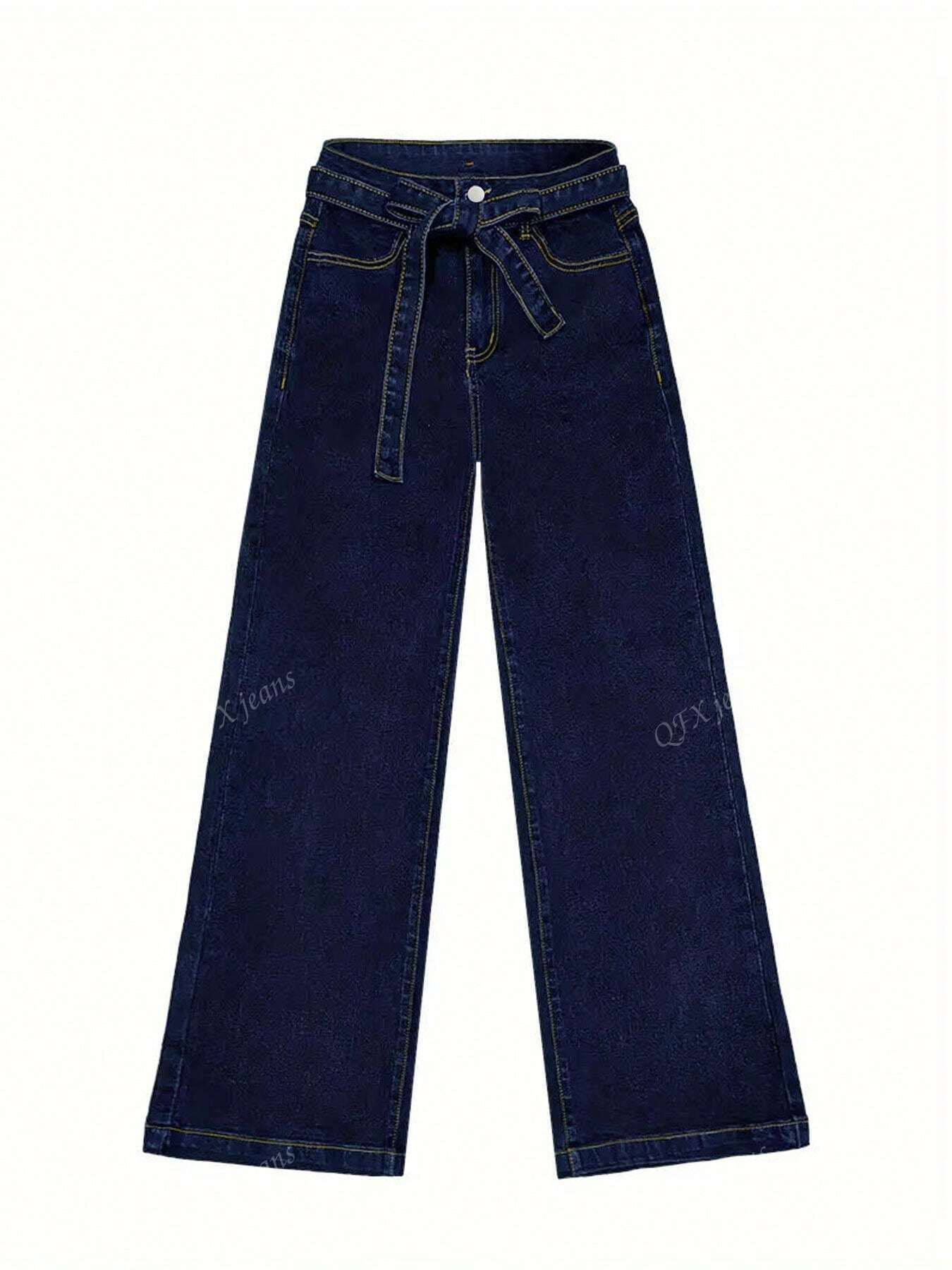 New Women's Simple Belt Jeans Stretch Straight Trousers Navy Blue