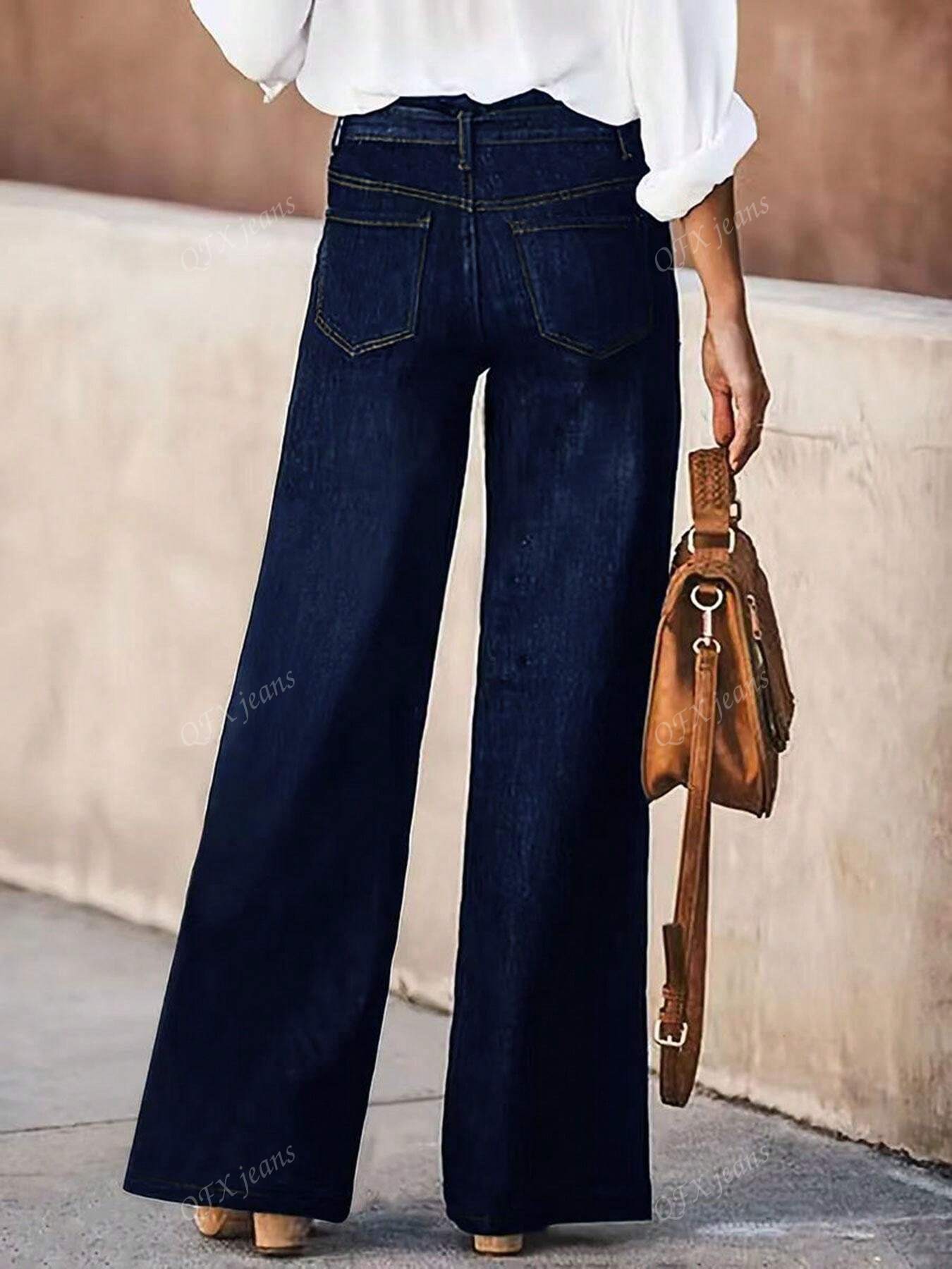 New Women's Simple Belt Jeans Stretch Straight Trousers Navy Blue