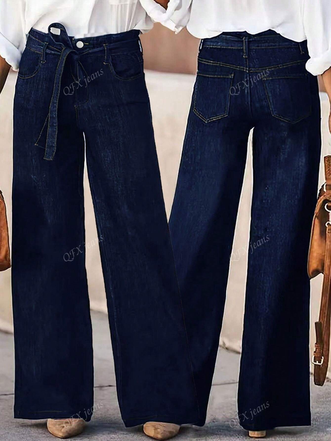 New Women's Simple Belt Jeans Stretch Straight Trousers Navy Blue