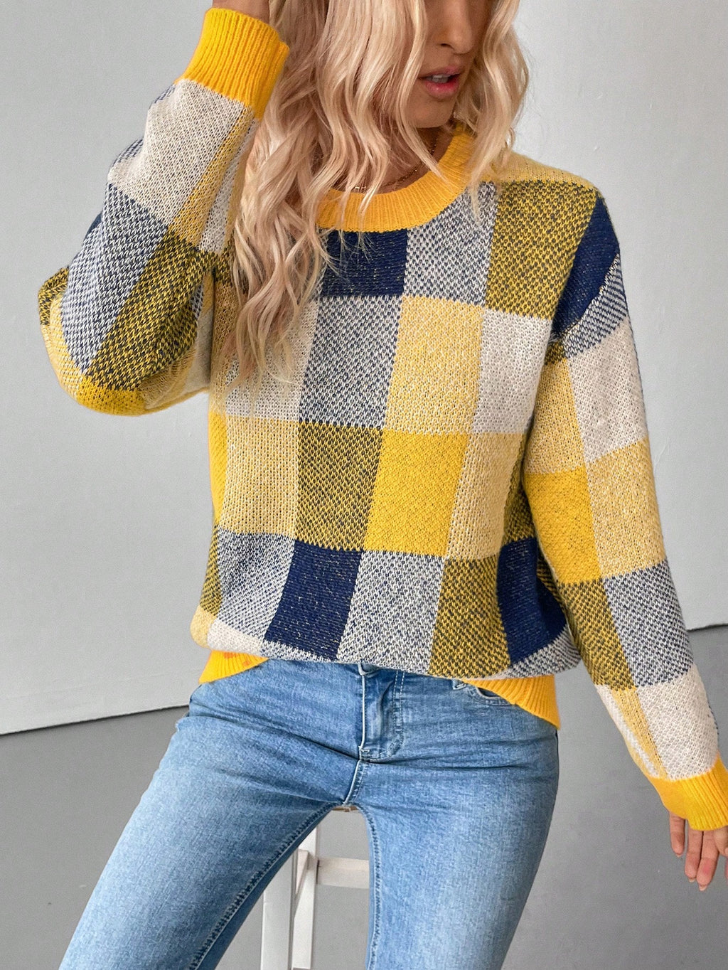 SHEIN LUNE Women's Plaid Round Neck Drop Shoulder Long Sleeve Casual Pullover Sweater, Autumn/Winter Yellow