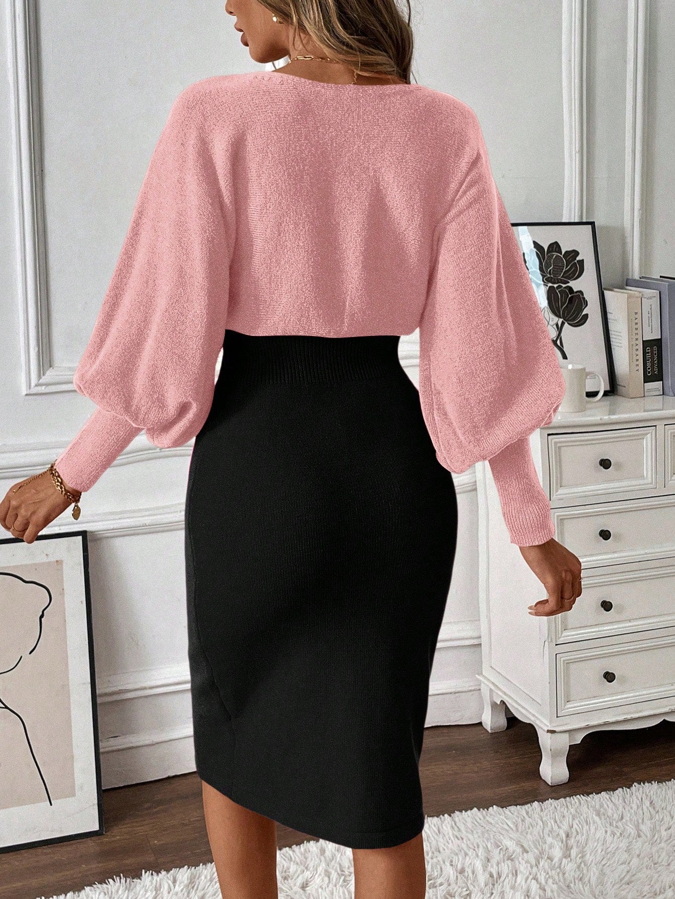 SHEIN Franclia Women Casual Oblique Shoulder Long Sleeve Sweater Dress Pink
