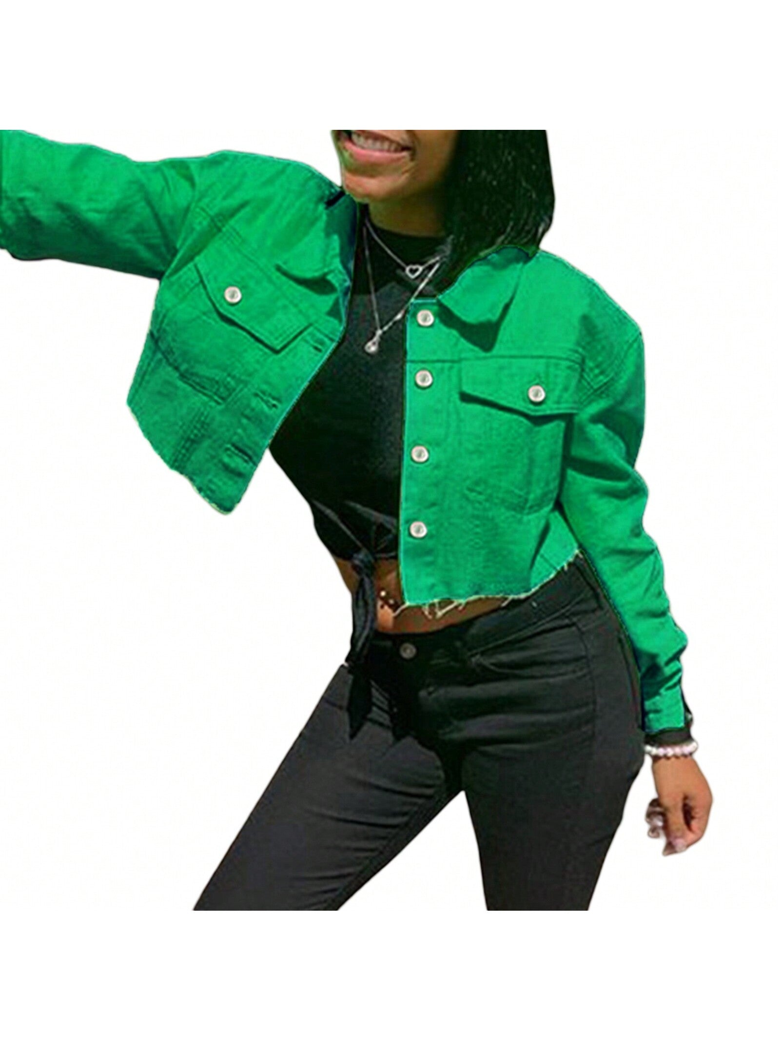 Women's Denim Short Coat, Solid Color Long Sleeve Lapel Jacket Button Down Distressed Hem Crop Jeans Coat Green