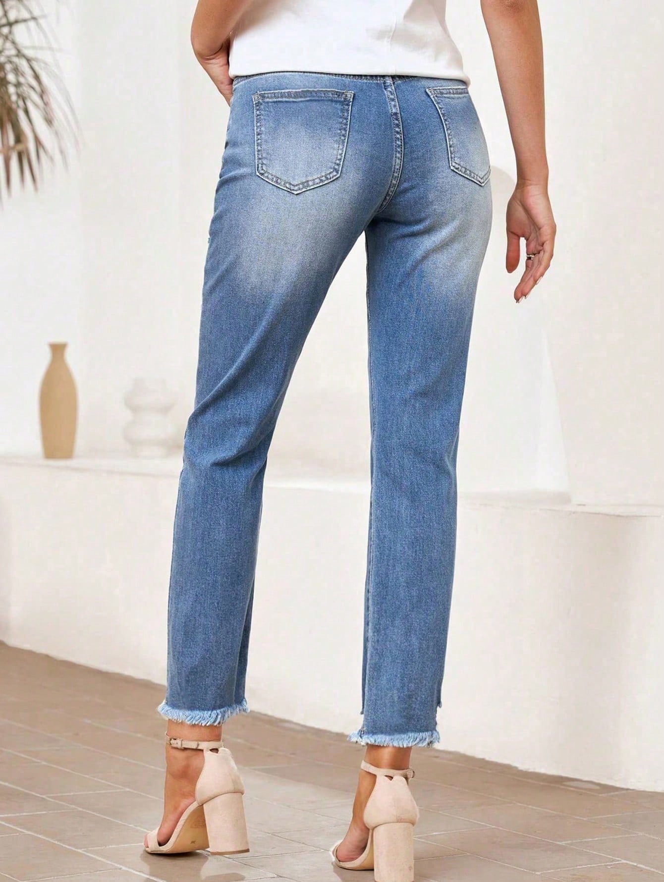 Women's Ripped Jeans-Imitation Old Raw Edge High Waist Washed Fashion Casual Jeans-Suitable For Everyday Wear Fashionable And Comfortable Jeans-Suitable For Women Of All Sizes Medium Wash