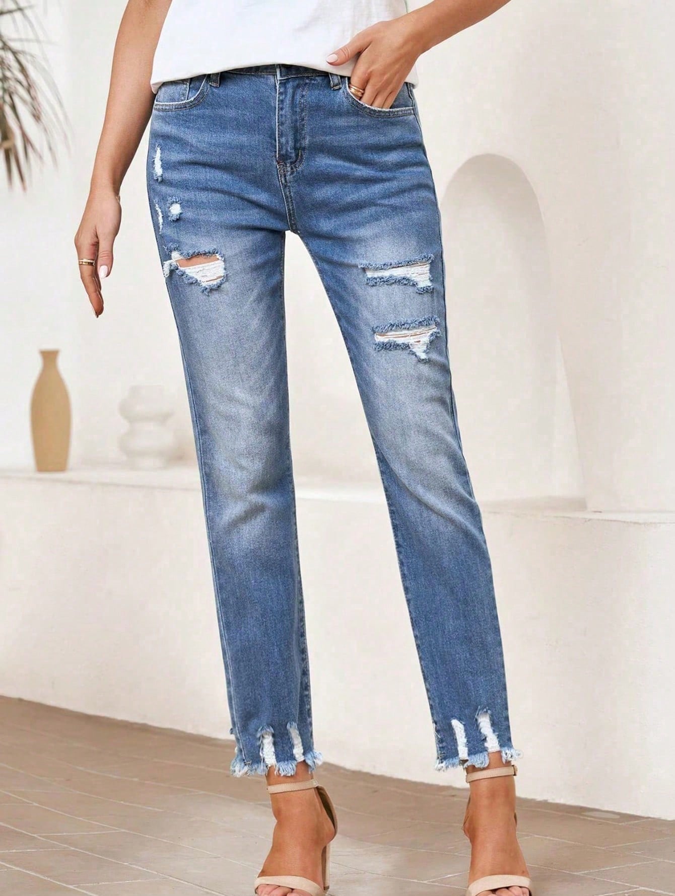 Women's Ripped Jeans-Imitation Old Raw Edge High Waist Washed Fashion Casual Jeans-Suitable For Everyday Wear Fashionable And Comfortable Jeans-Suitable For Women Of All Sizes Medium Wash