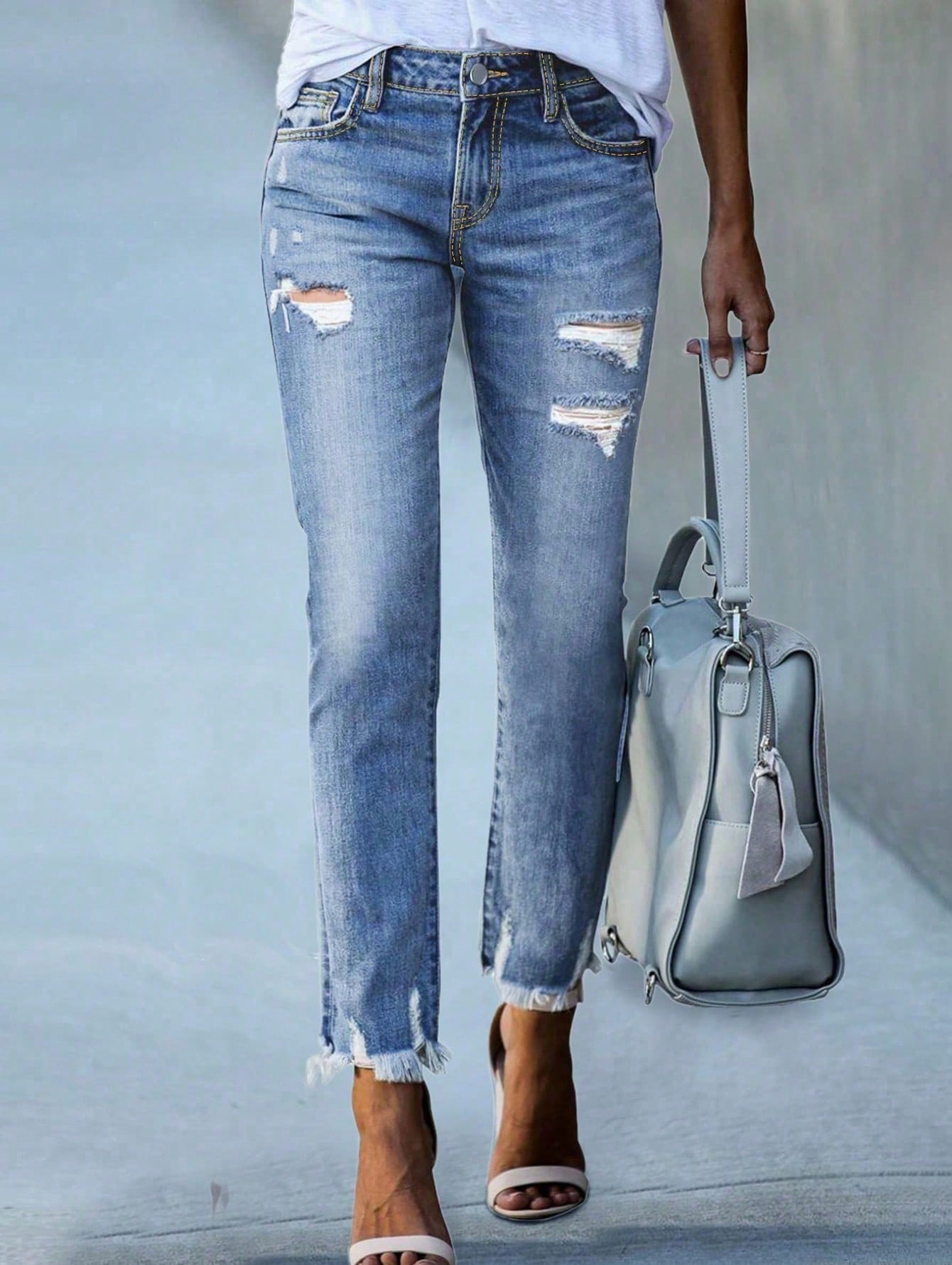 Women's Ripped Jeans-Imitation Old Raw Edge High Waist Washed Fashion Casual Jeans-Suitable For Everyday Wear Fashionable And Comfortable Jeans-Suitable For Women Of All Sizes Medium Wash