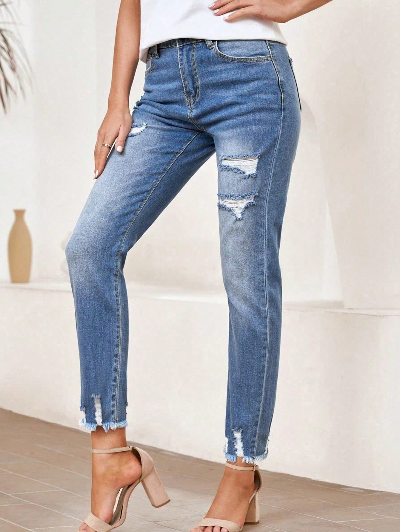 Women's Ripped Jeans-Imitation Old Raw Edge High Waist Washed Fashion Casual Jeans-Suitable For Everyday Wear Fashionable And Comfortable Jeans-Suitable For Women Of All Sizes Medium Wash
