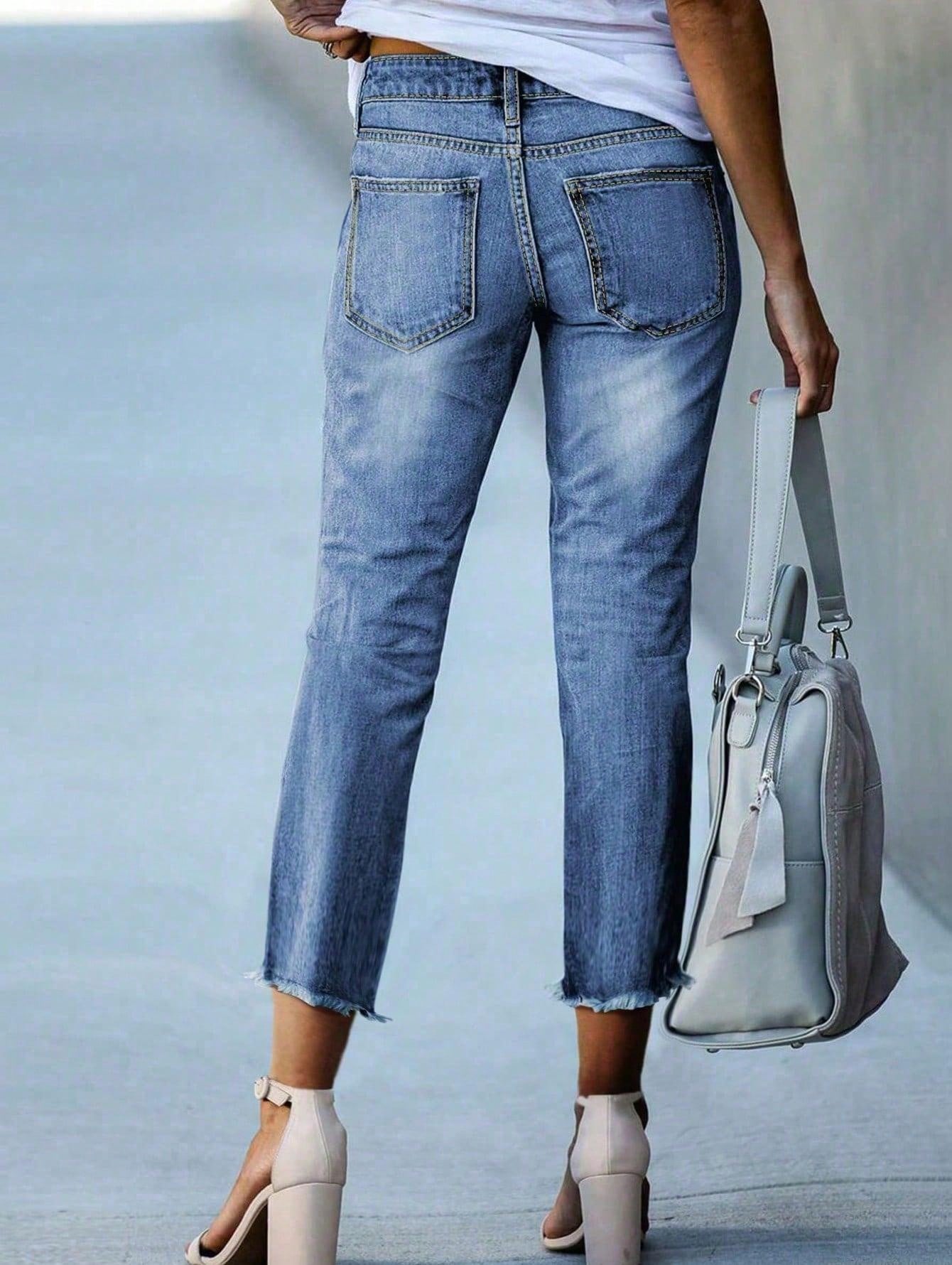 Women's Ripped Jeans-Imitation Old Raw Edge High Waist Washed Fashion Casual Jeans-Suitable For Everyday Wear Fashionable And Comfortable Jeans-Suitable For Women Of All Sizes Medium Wash