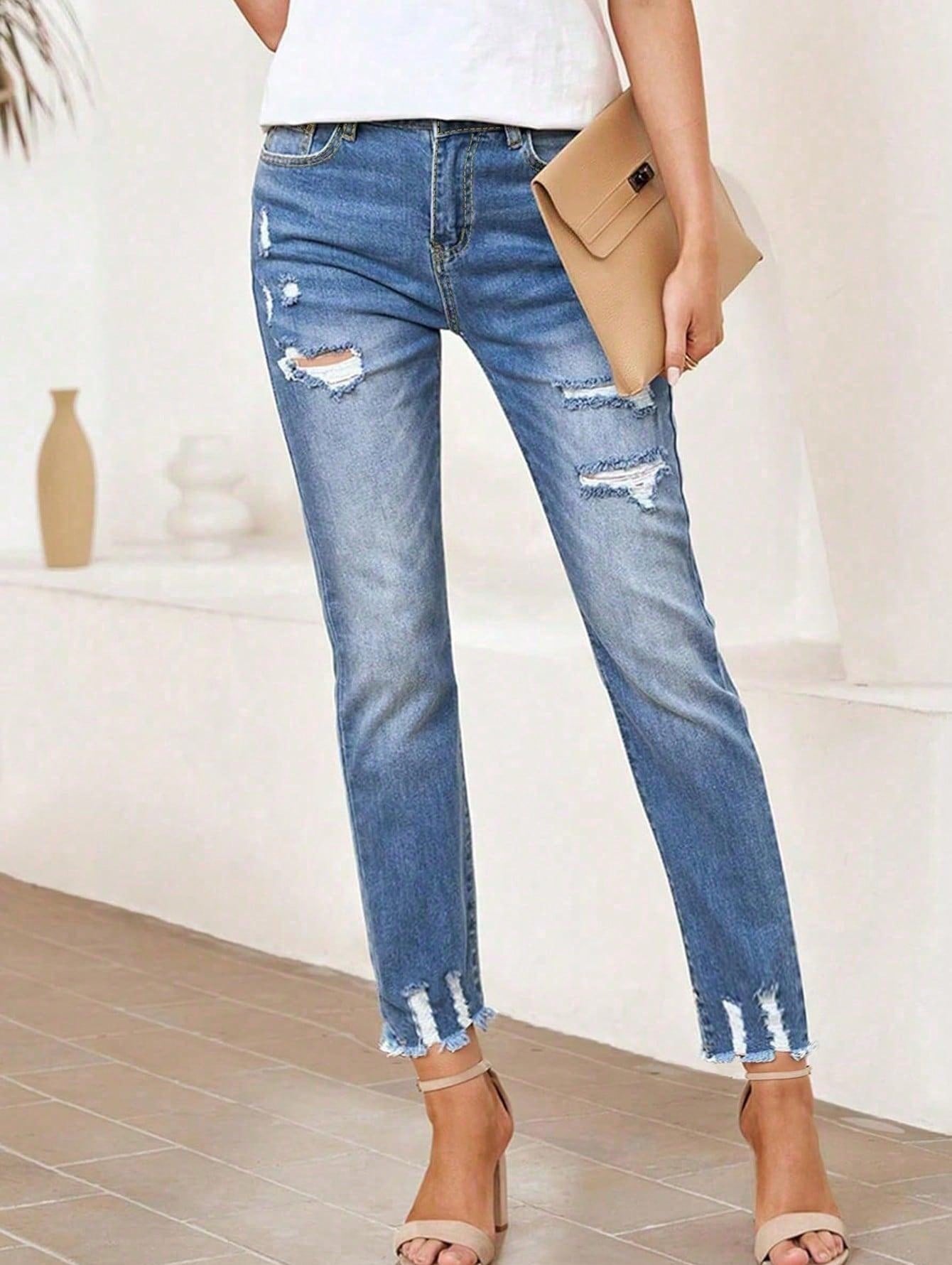 Women's Ripped Jeans-Imitation Old Raw Edge High Waist Washed Fashion Casual Jeans-Suitable For Everyday Wear Fashionable And Comfortable Jeans-Suitable For Women Of All Sizes Medium Wash