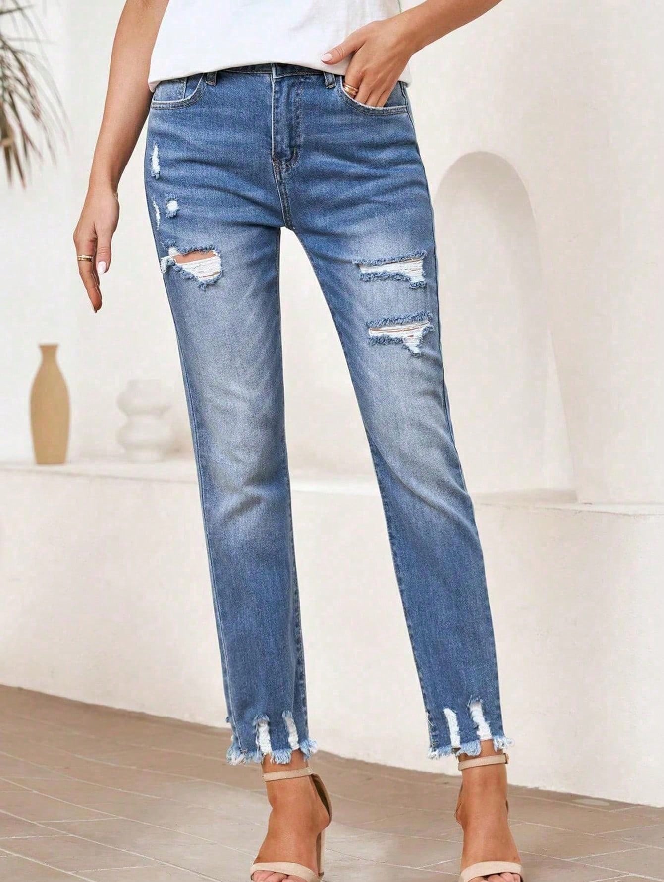 Women's Ripped Jeans-Imitation Old Raw Edge High Waist Washed Fashion Casual Jeans-Suitable For Everyday Wear Fashionable And Comfortable Jeans-Suitable For Women Of All Sizes Medium Wash