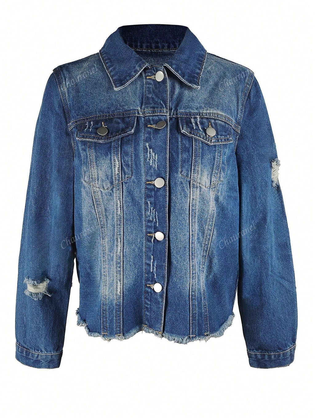 Women's Simple Solid Color Distressed Washed Denim Jacket Blue