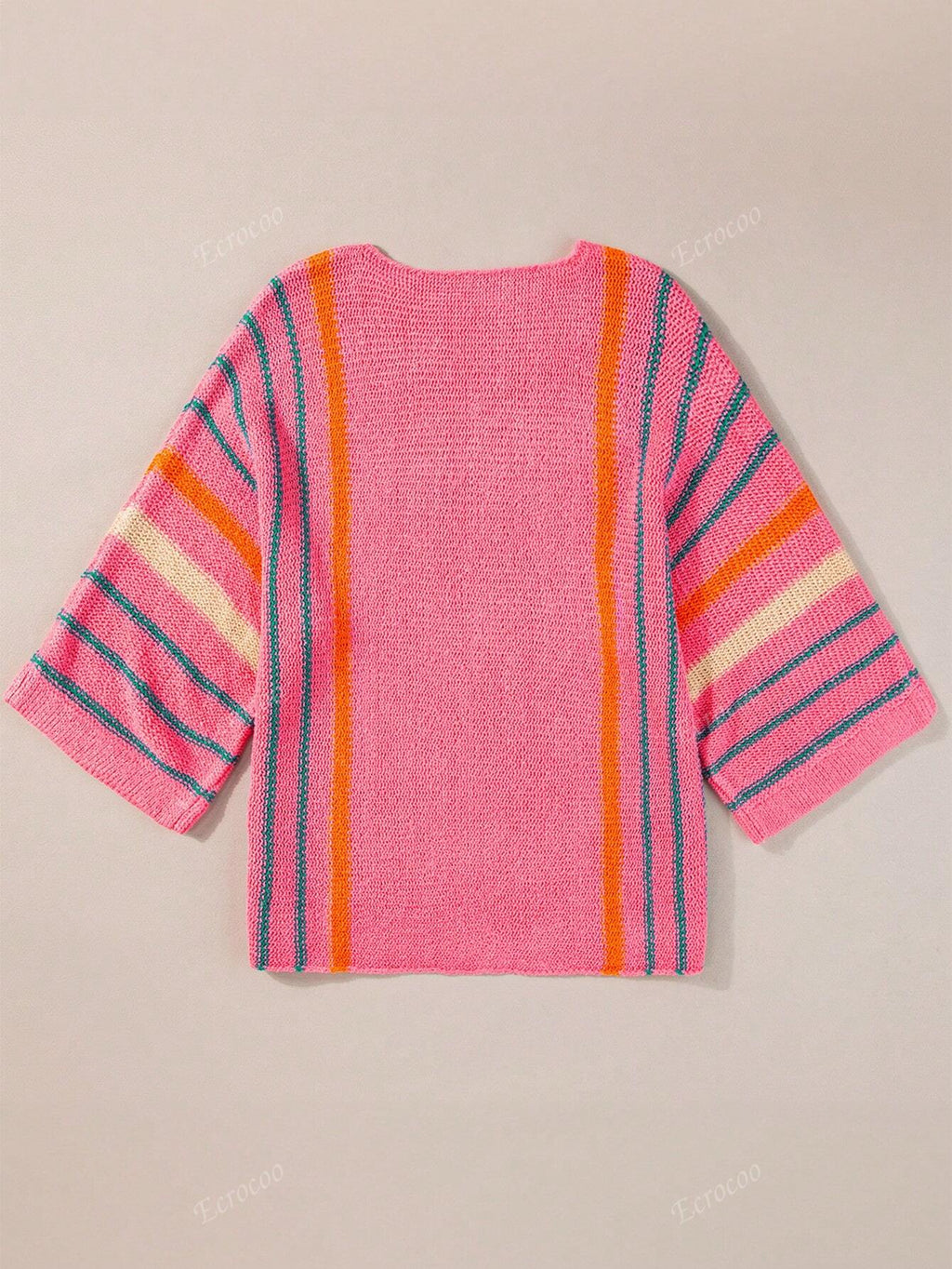 Women's Striped Detail Wide Sleeve Lightweight Knitted Sweater Pink