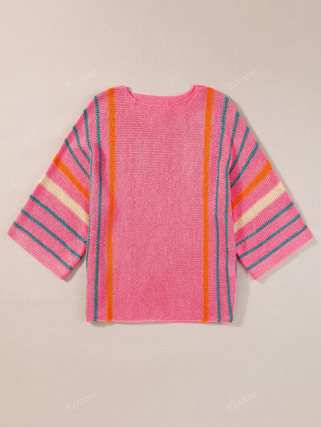 Women's Striped Detail Wide Sleeve Lightweight Knitted Sweater Pink